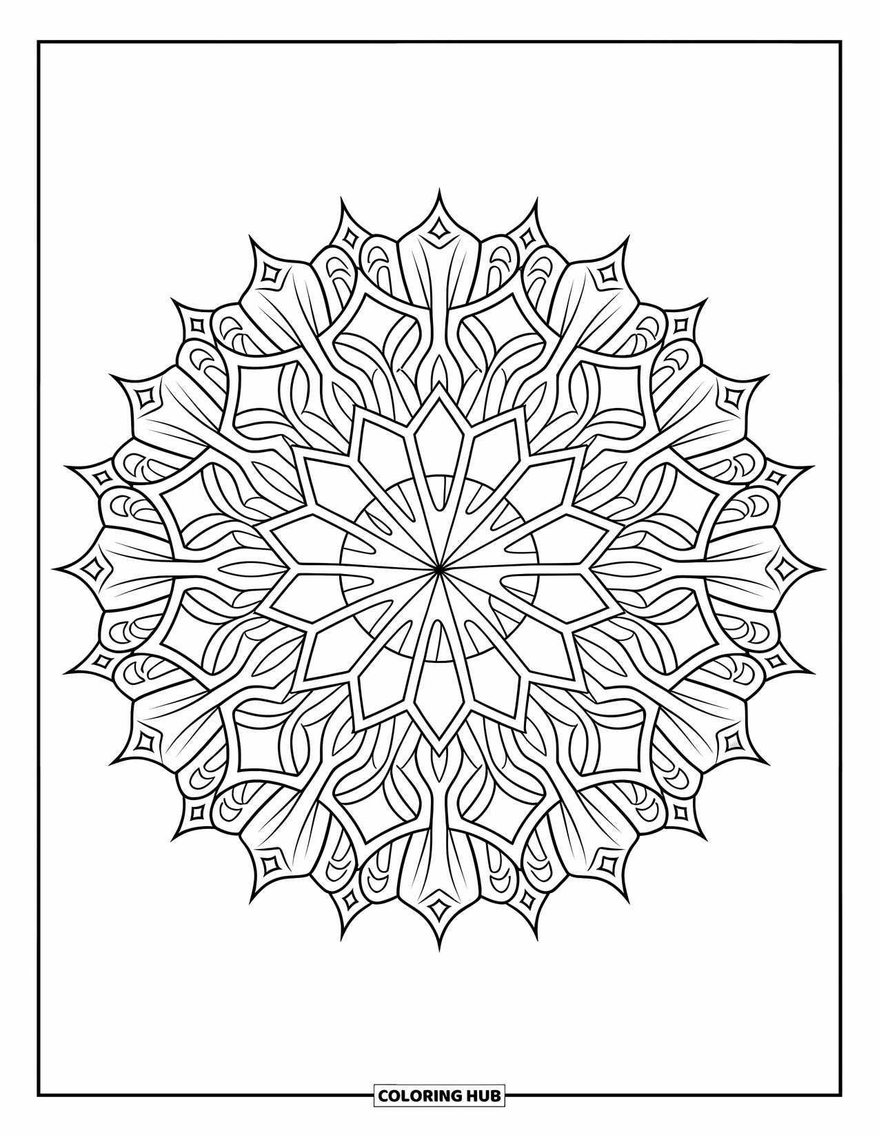 Geometric Mandala Coloring Page for Adults: Pointed hexagons bloom with floral detail in a balanced, bold design