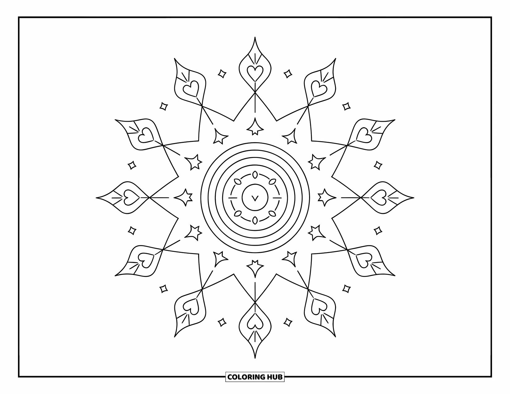 Geometric Mandala Coloring Page for Adults: Pointed stars and magical symbols build a whimsical mandala full of cozy charm