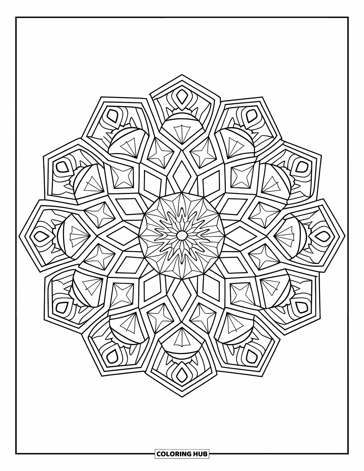 Geometric Mandala Coloring Page for Adults: Polygon layers interlock in a lace-like mandala with strong, clean lines