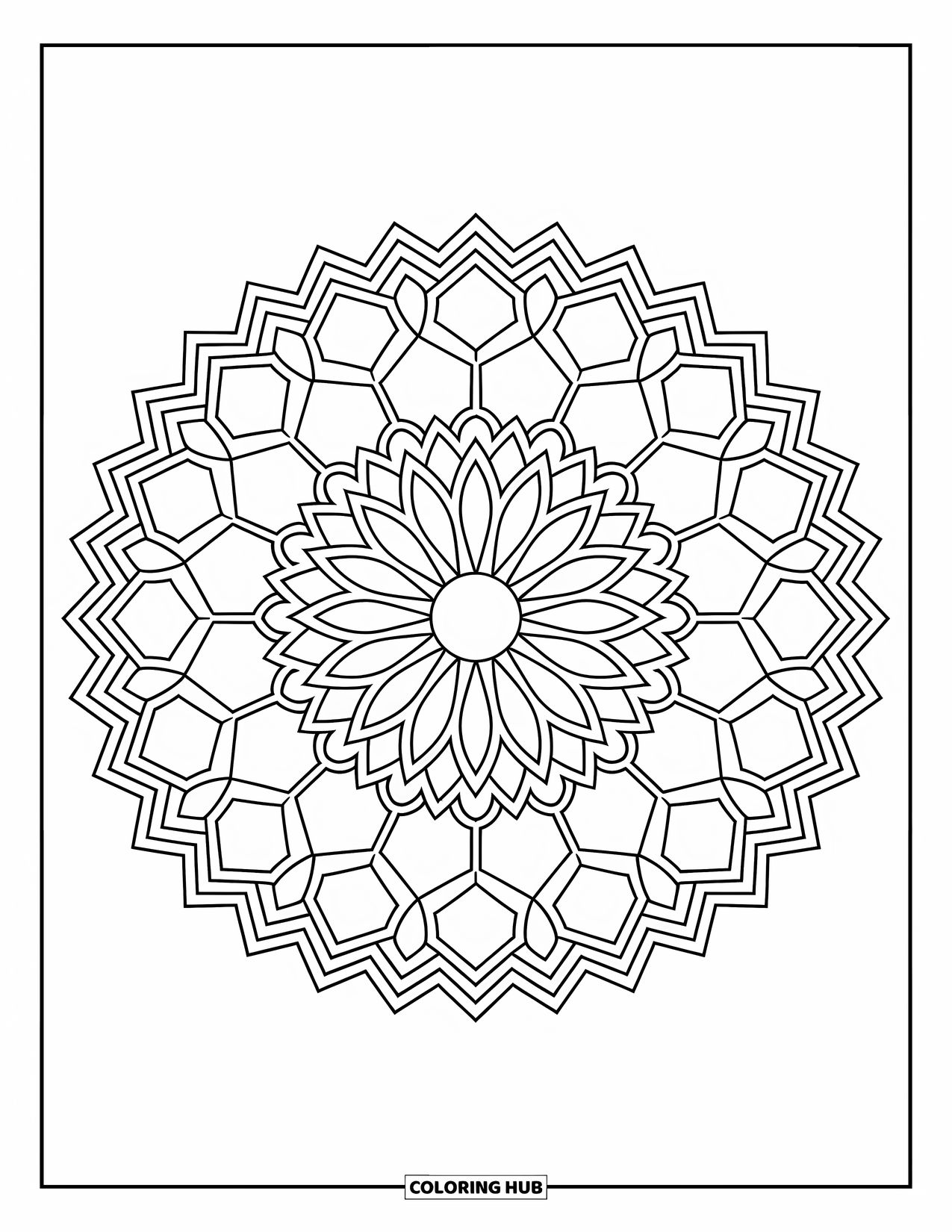 Geometric Mandala Coloring Page for Adults: Sharp-edged hexagons meet soft petals in this detailed, circular mandala