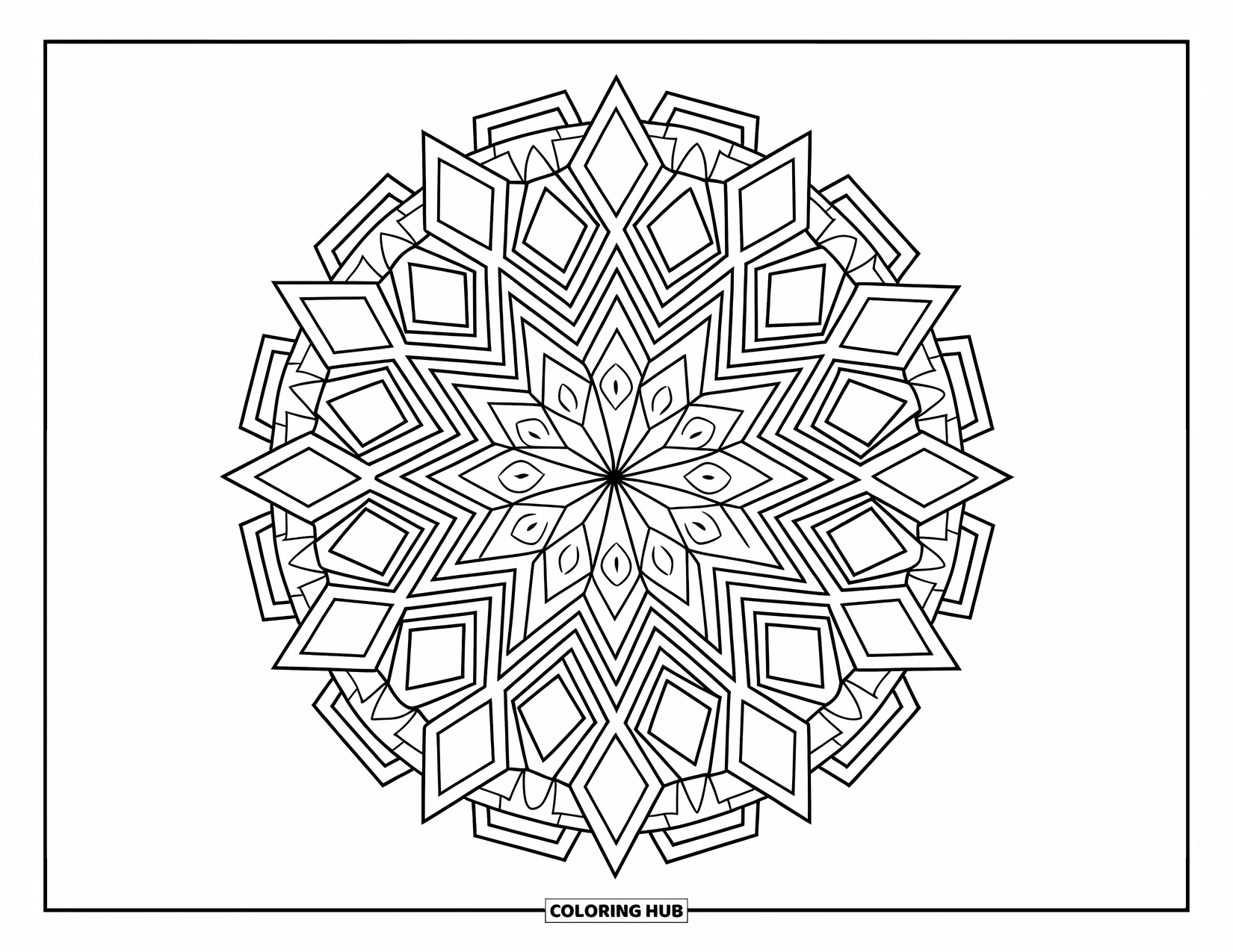 Geometric Mandala Coloring Page for Adults: Sharp stars and smooth rhombuses alternate in this crisp, detailed mandala