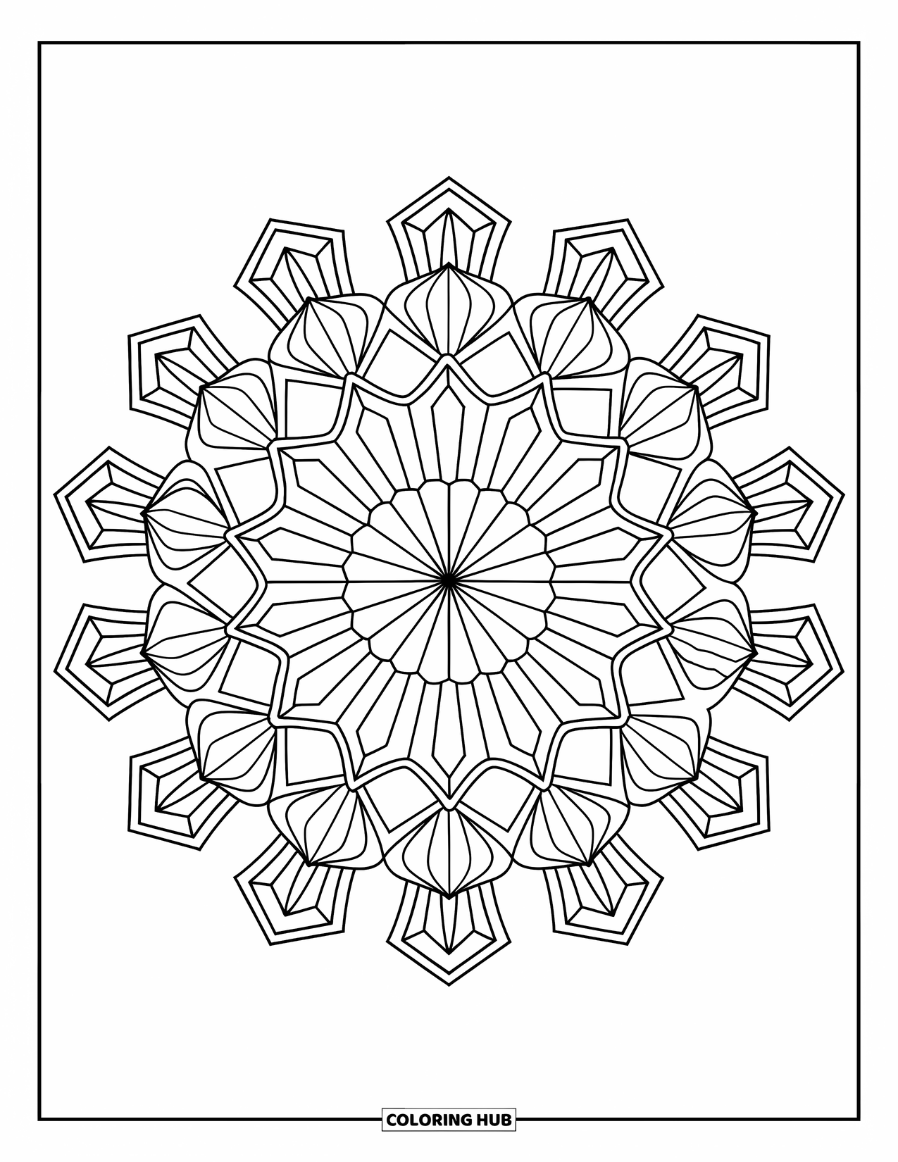 Geometric Mandala Coloring Page for Adults: Spiked hexagons and floral shapes blend in this crisp, radial mandala
