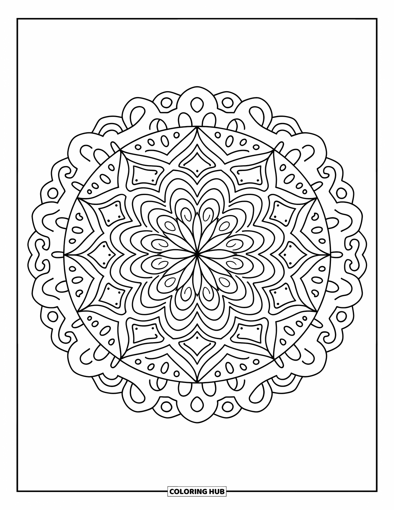 Geometric Mandala Coloring Page for Adults: Sprinkles and loops wrap around starbursts in this fun, frosted-looking design