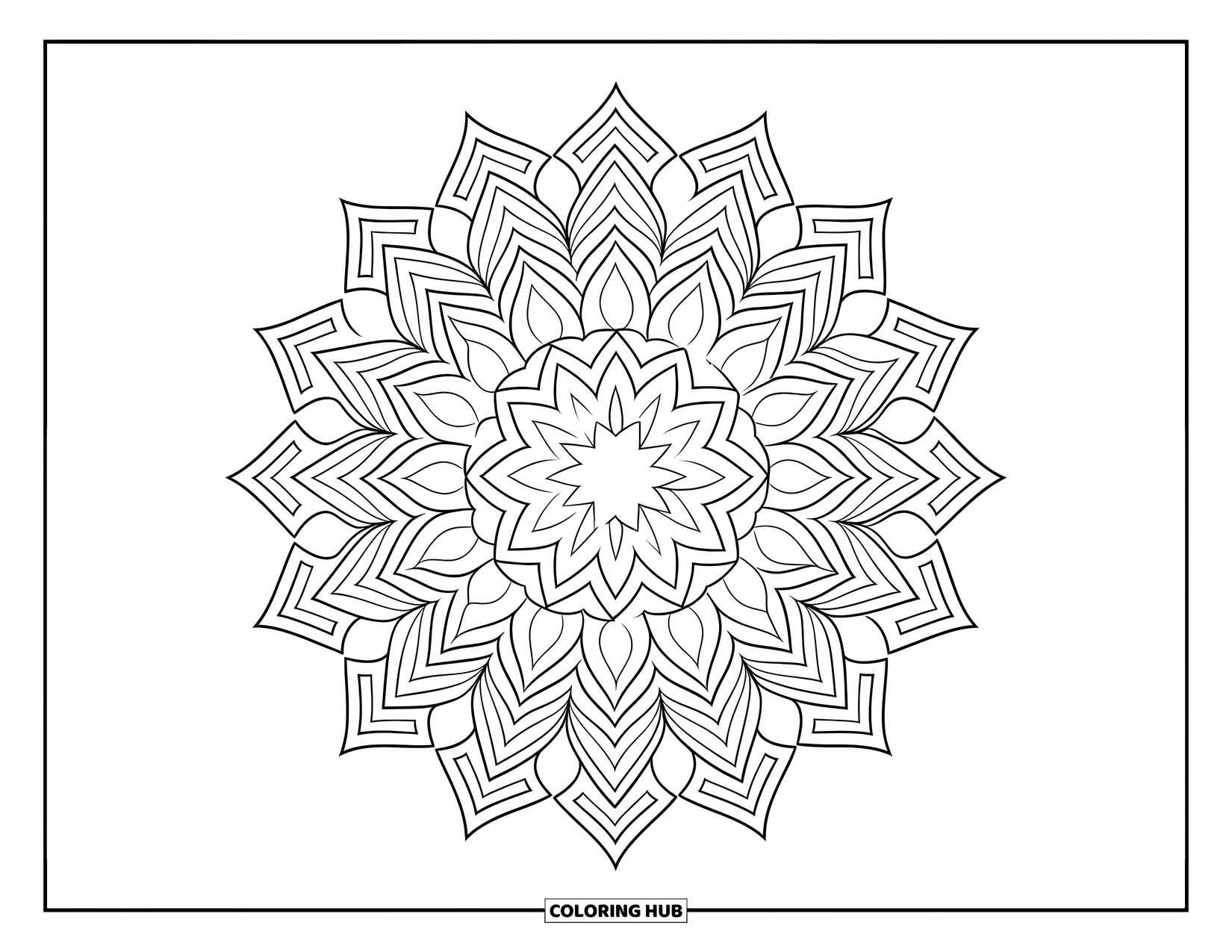 Geometric Mandala Coloring Page for Adults: Stars and rhombuses tessellate in perfect harmony across this bold mandala