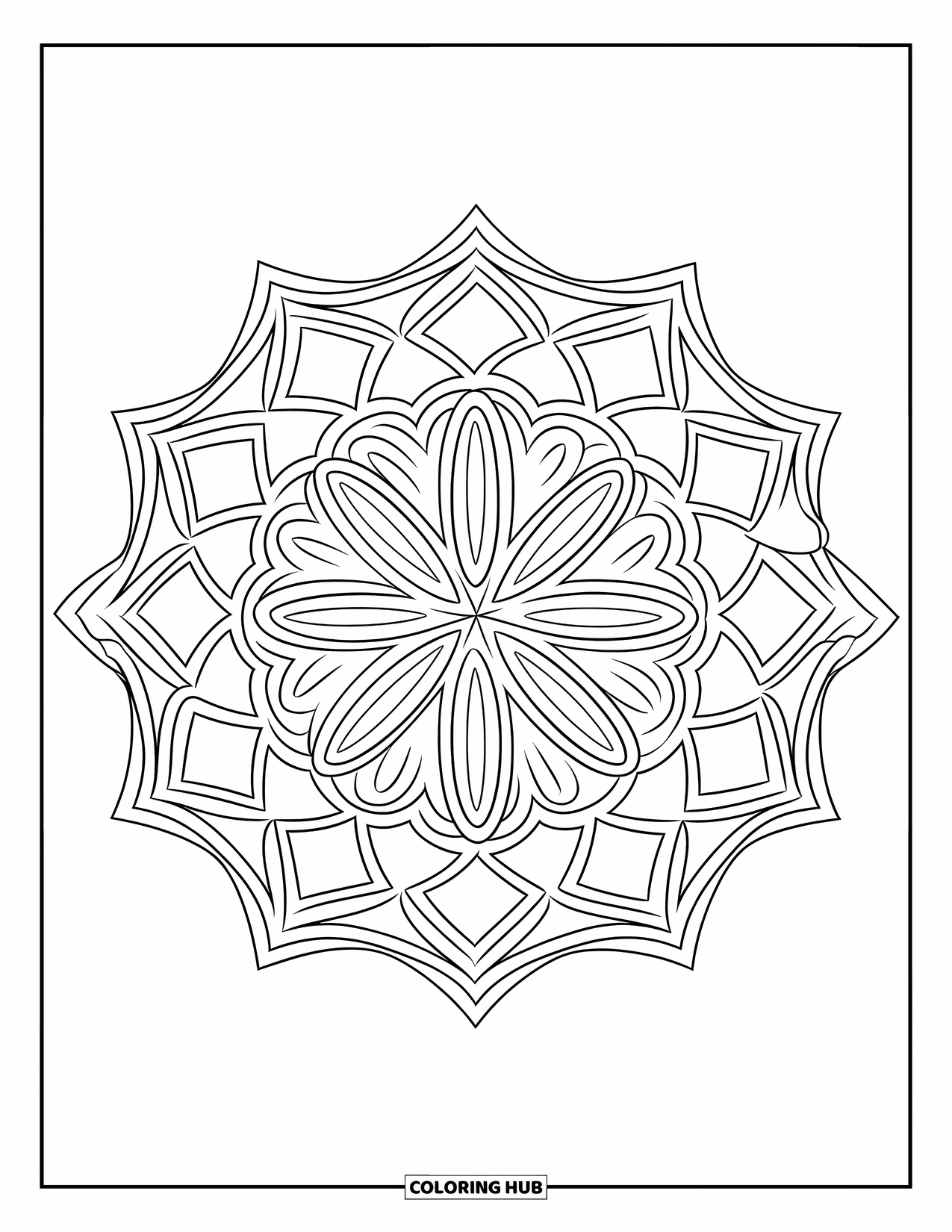 Geometric Mandala Coloring Page for Adults: This mandala layers triangles and arches with calming, rhythmic flow