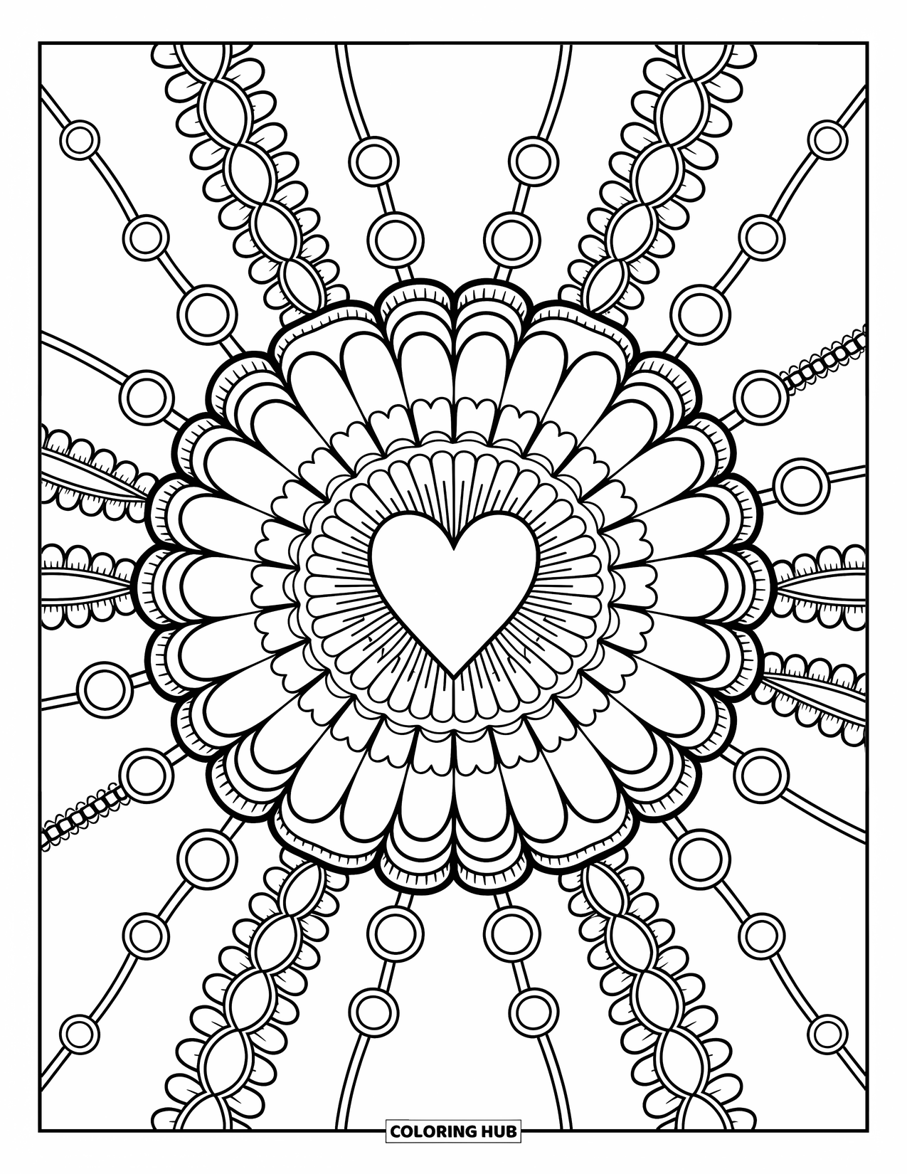 Geometric Mandala Coloring Page for Adults: This sweet mandala flows from bows to scallops in soft, frilly layers