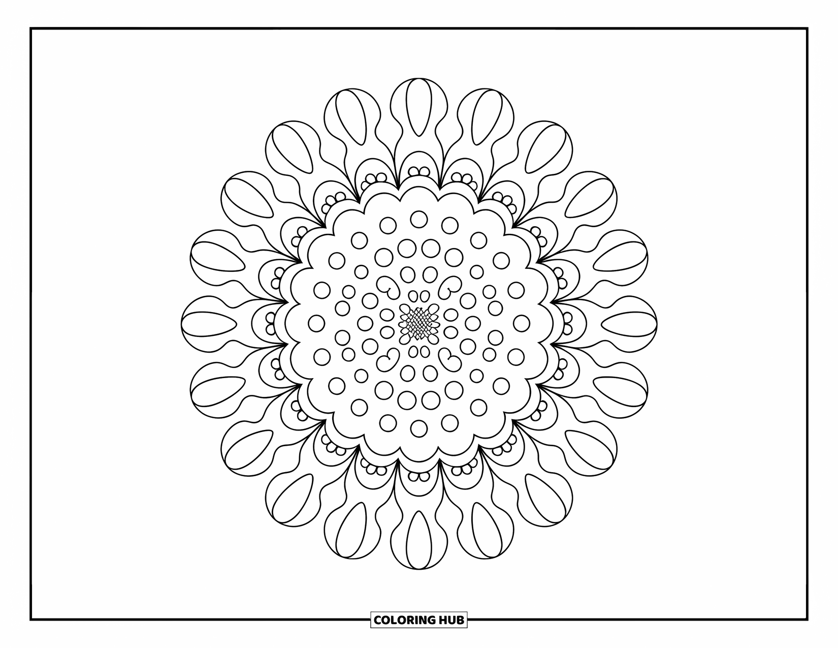 Geometric Mandala Coloring Page for Adults: Tiny circles spiral into bubbly rings and petals in this airy, gentle mandala