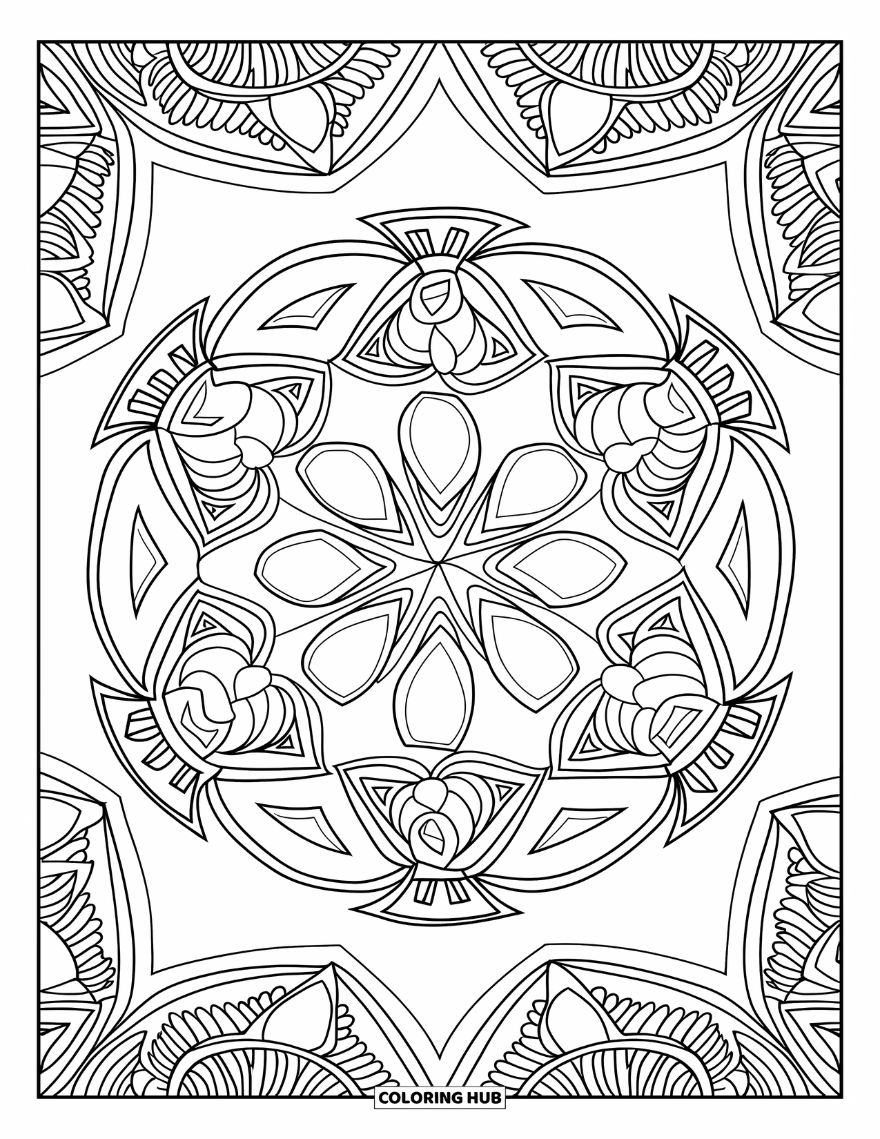 Geometric Mandala Coloring Page for Adults: Triangles and arches weave together in a bold and balanced mandala