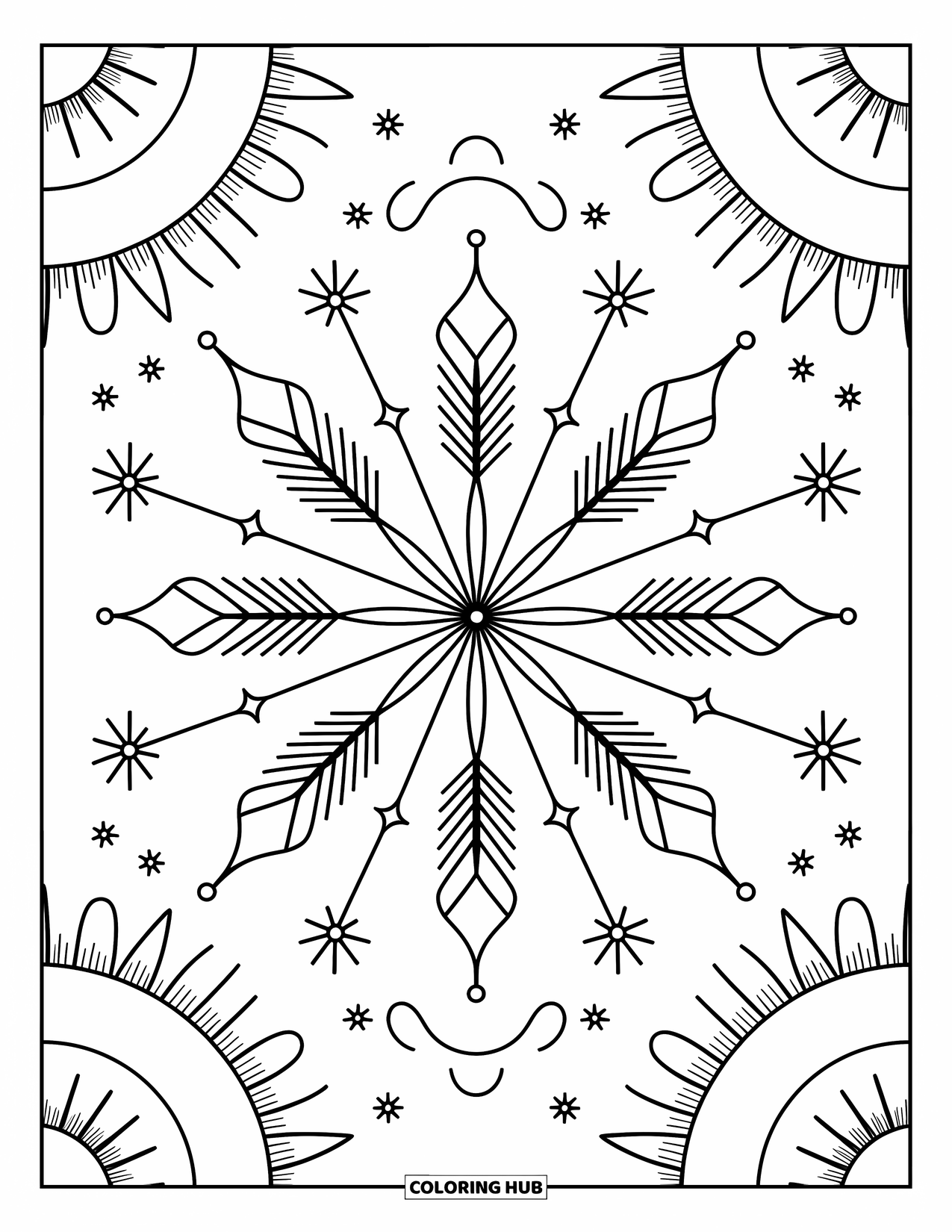 Geometric Mandala Coloring Page for Adults: Whimsical star shapes and sparkles flow in layers with soft curved accents