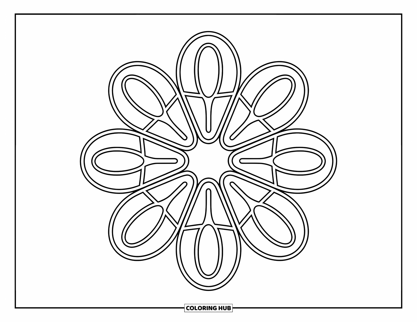 Geometric Mandala Coloring Page for Kids: A floral mandala of ovals and circles invites bright, bold coloring