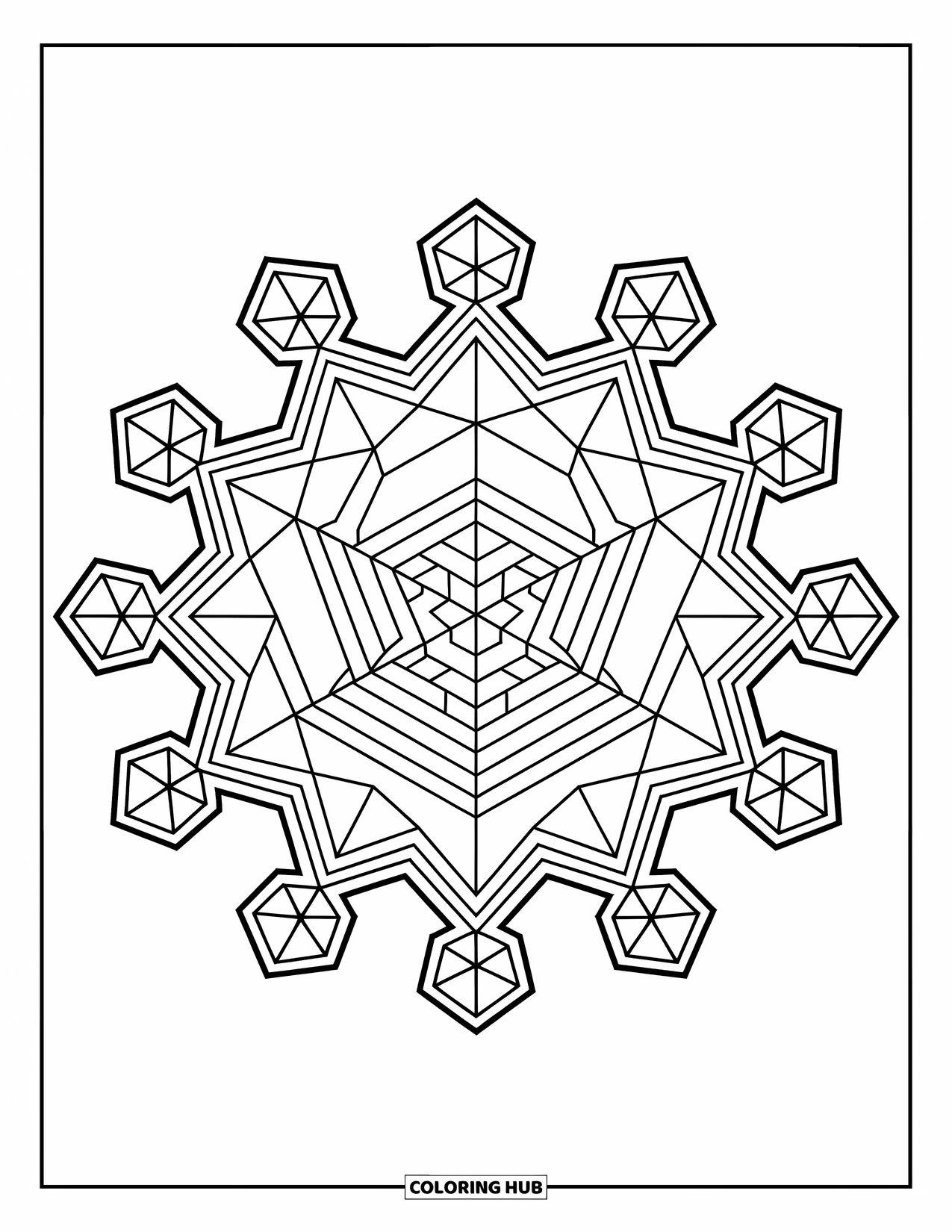 Geometric Mandala Coloring Page for Kids: A hexagon mandala features blocky stars and sharp triangles for a modern look