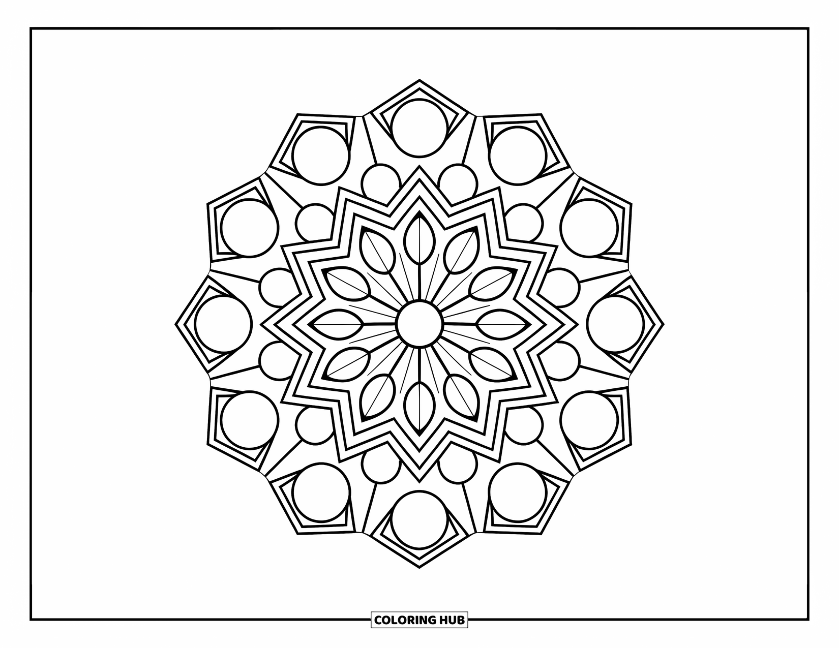 Geometric Mandala Coloring Page for Kids: A mandala of hexagons and circles spins with big, fun shapes