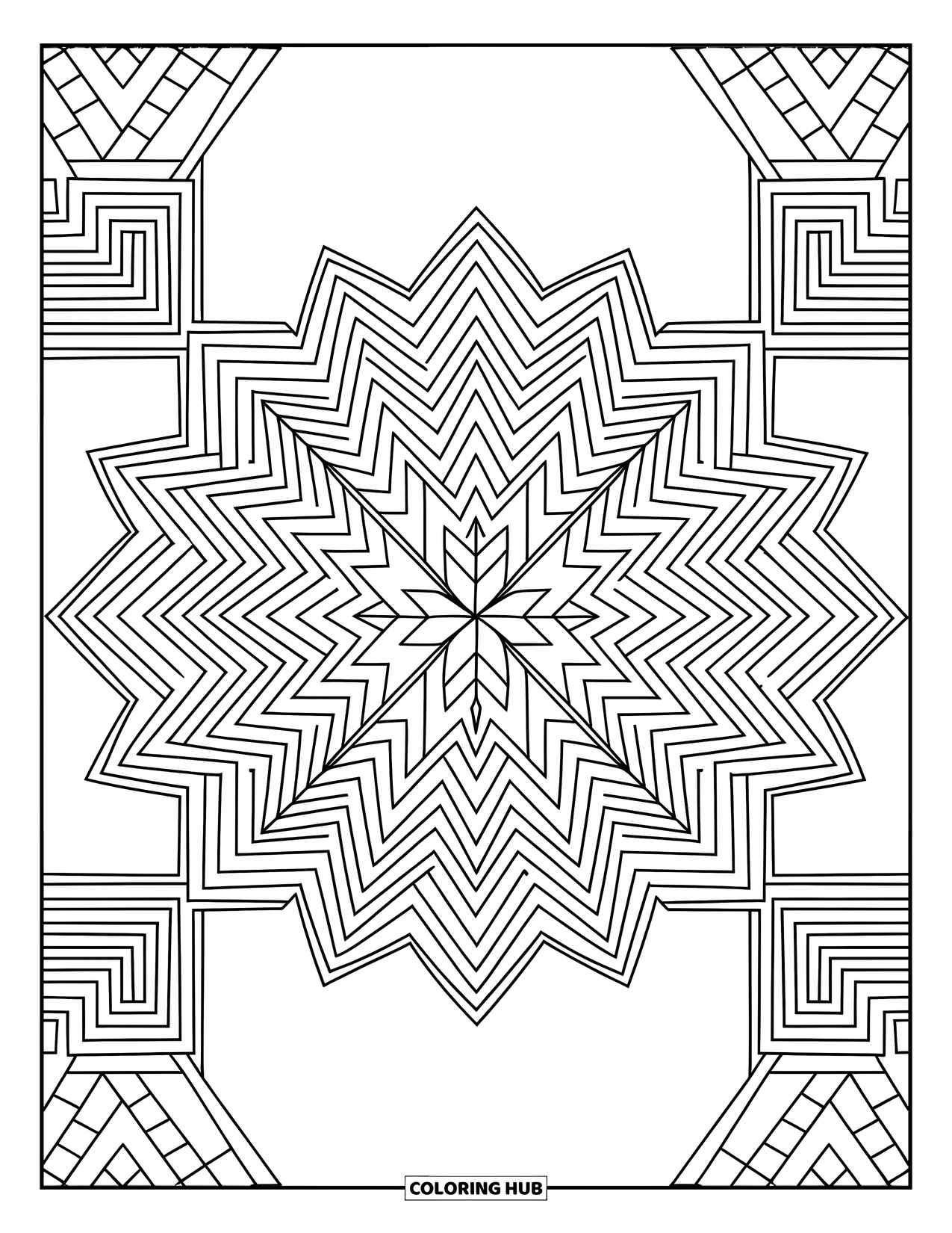 Geometric Mandala Coloring Page for Kids: A mandala of sharp lines and zigzags brings bold symmetry and energy