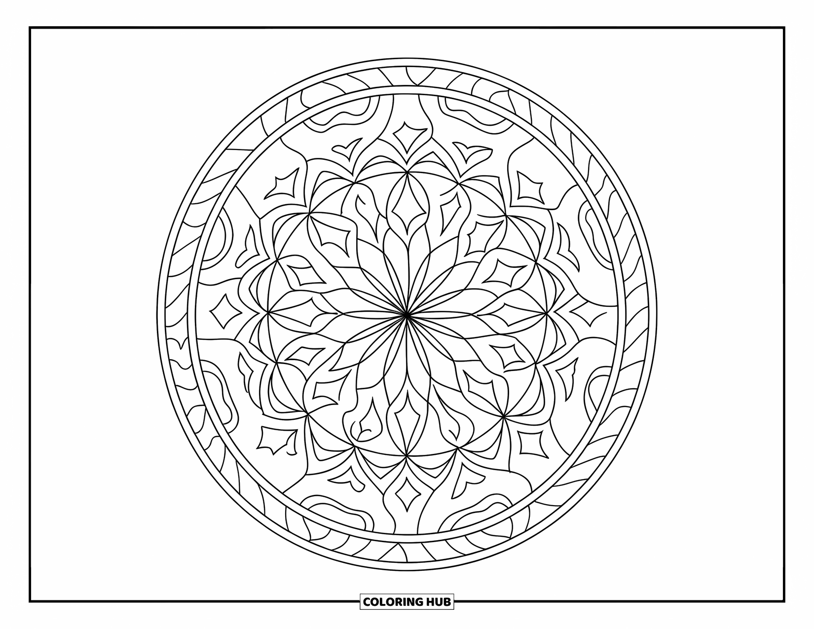 Geometric Mandala Coloring Page for Kids: A radial mandala of diamonds, stars, and curves invites bold, focused coloring