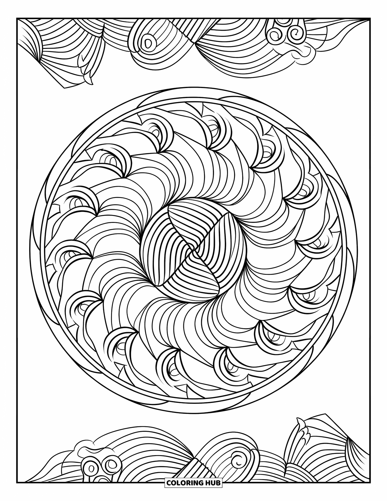 Geometric Mandala Coloring Page for Kids: A swirling design of bold lines and waves builds a calm, looping mandala