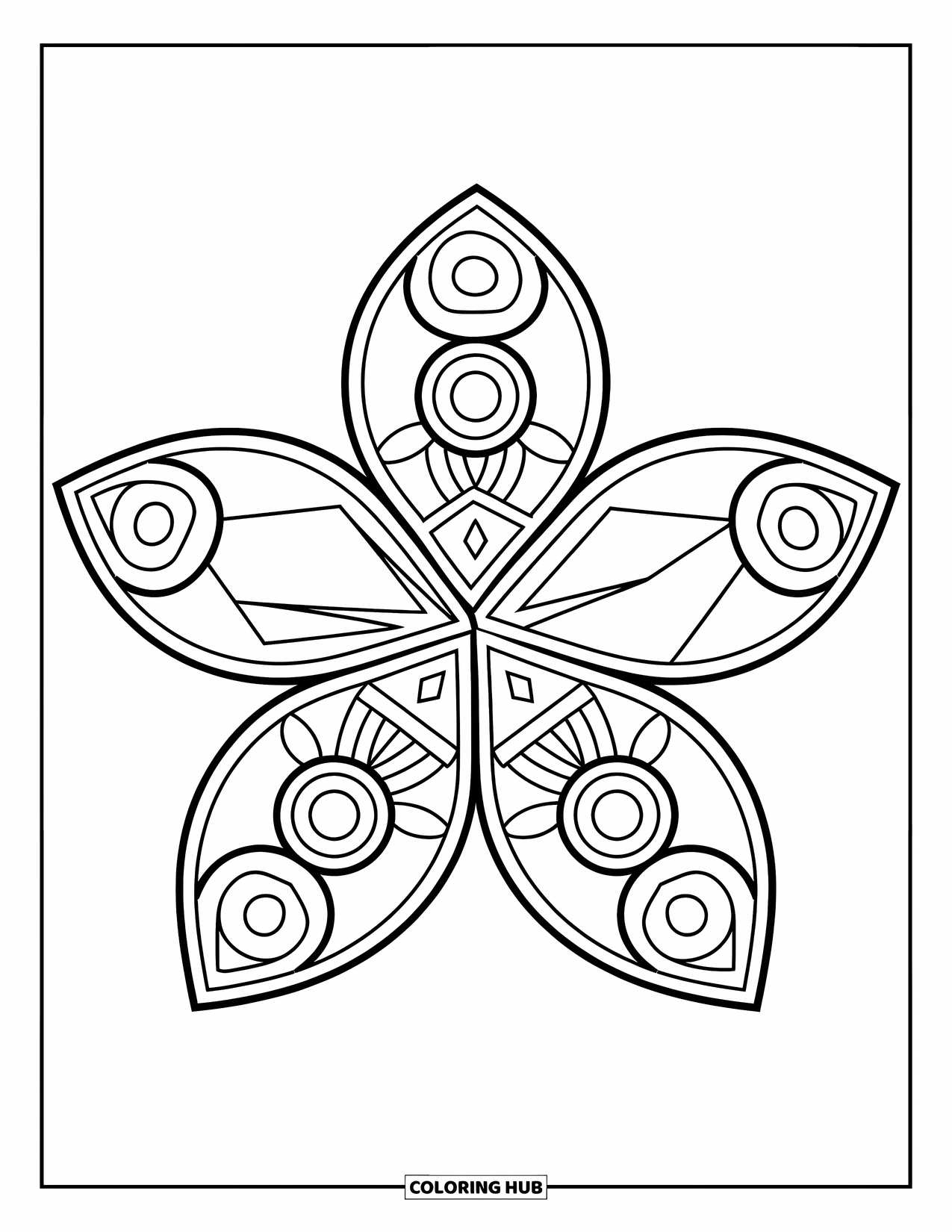 Geometric Mandala Coloring Page for Kids: Big bold petals with simple shapes make this floral mandala fun and playful