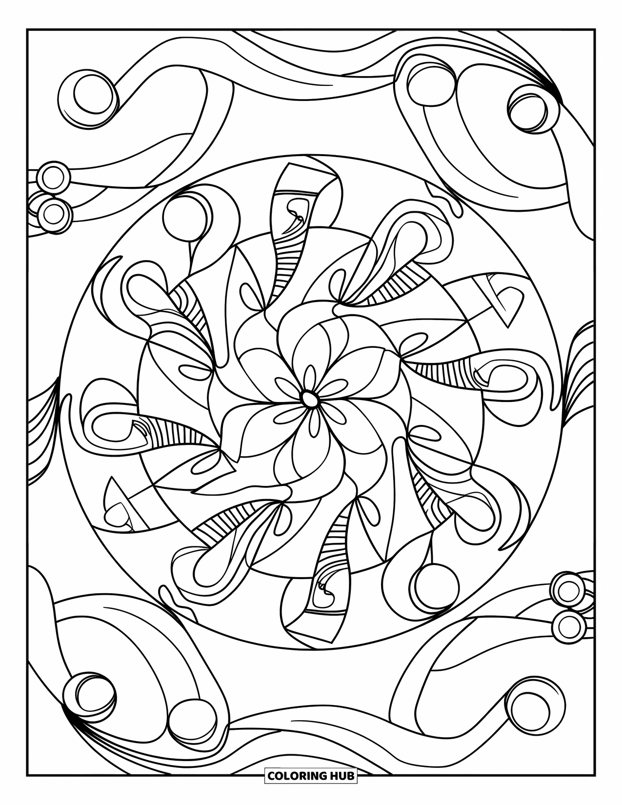 Geometric Mandala Coloring Page for Kids: Bold waves and spirals twist through circles and triangles in a smooth rhythm