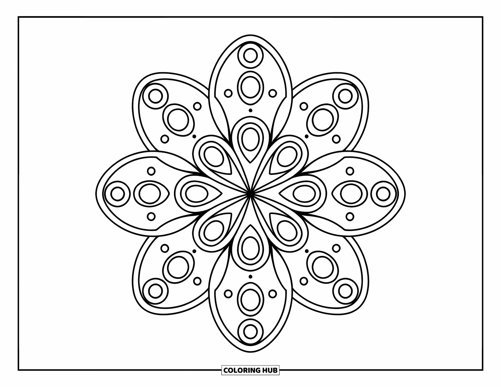 Geometric Mandala Coloring Page for Kids: Circles and ovals build a symmetrical flower mandala with soft flow