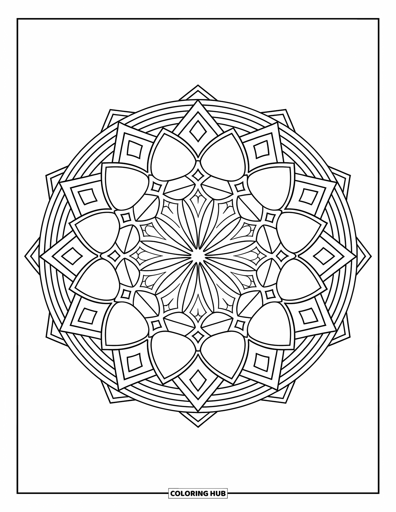 Geometric Mandala Coloring Page for Kids: Diamonds, arrows, and circles repeat in layers to form this bold mandala