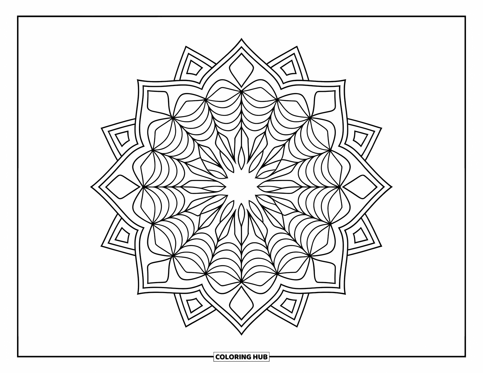 Geometric Mandala Coloring Page for Kids: Diamonds, stars, and waves form a rhythmic layered mandala with symmetry