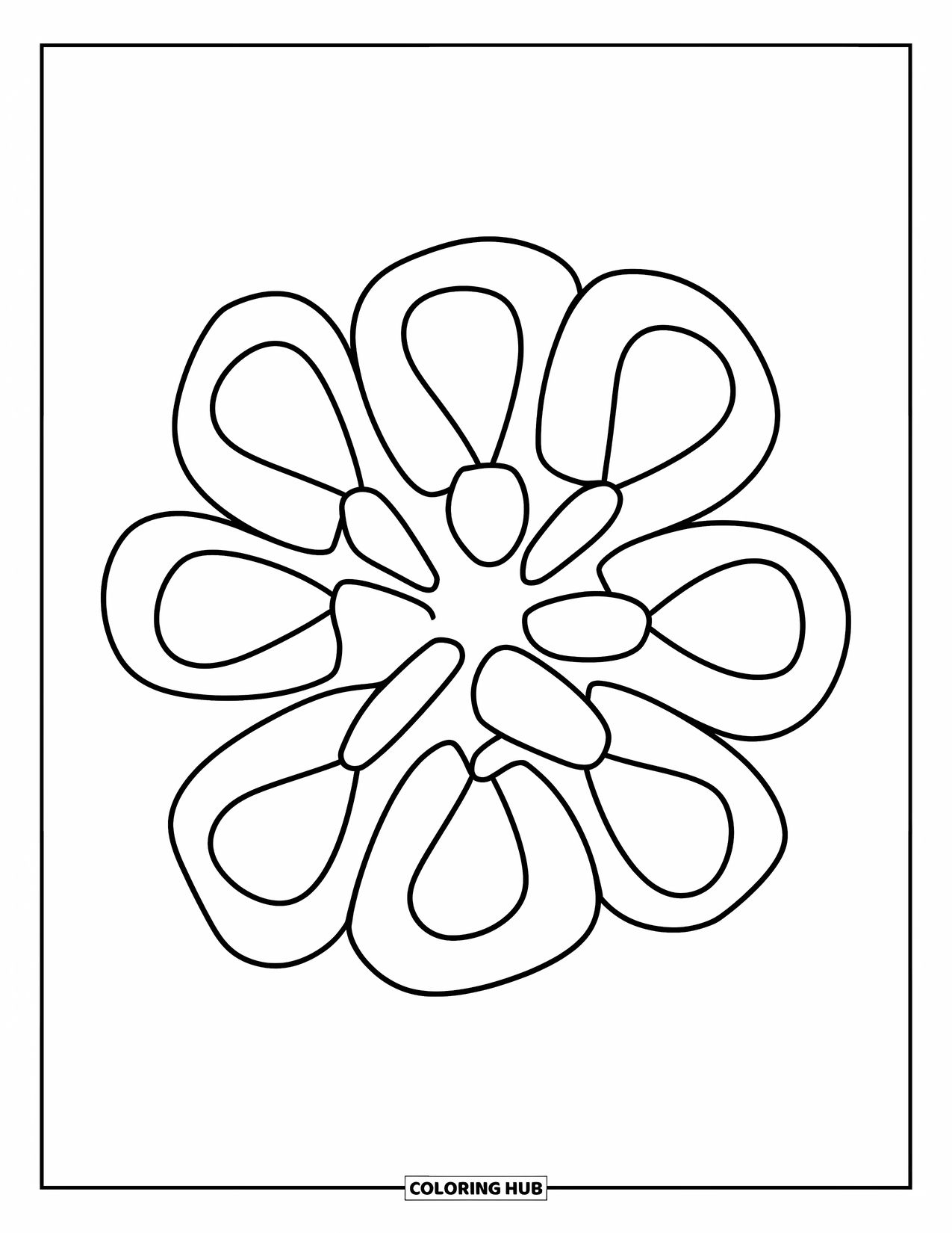 Geometric Mandala Coloring Page for Kids: Five large petals filled with bold shapes create a simple, flower-inspired mandala