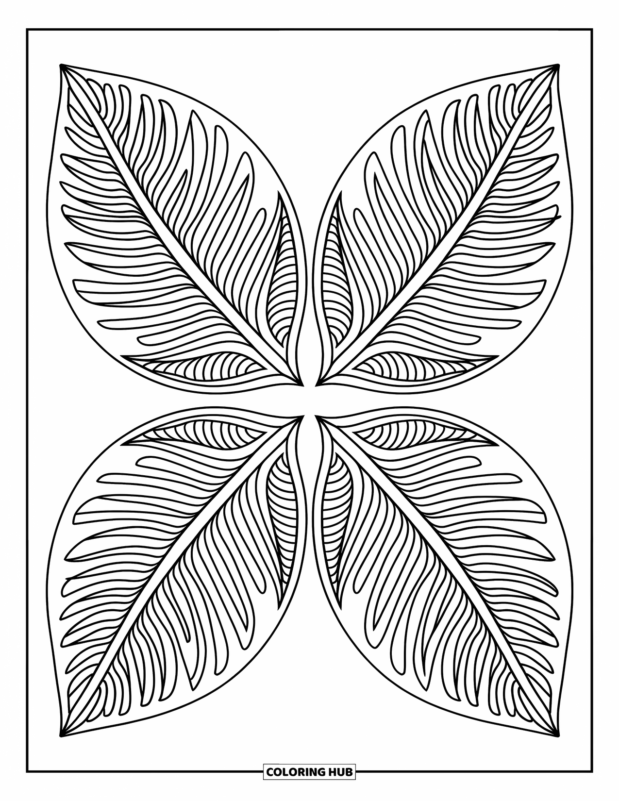 Geometric Mandala Coloring Page for Kids: Four mirrored leaves stretch from a center circle in this nature-inspired mandala
