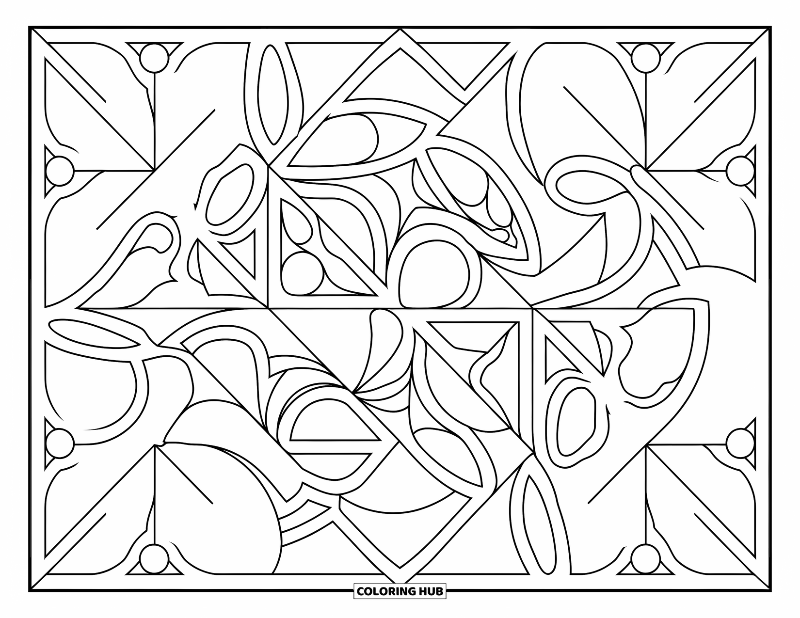Geometric Mandala Coloring Page for Kids: Geometric ovals and stars combine to form a bold, balanced mandala