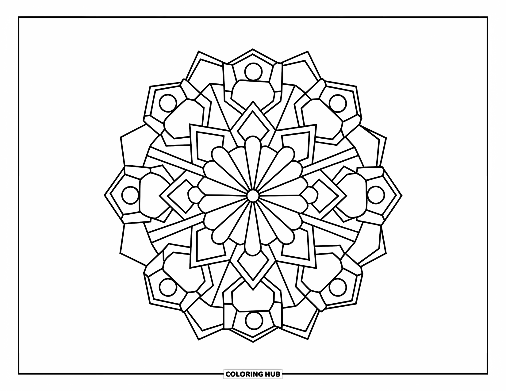 Geometric Mandala Coloring Page for Kids: Hexagons, diamonds, and circles repeat in a playful radial mandala