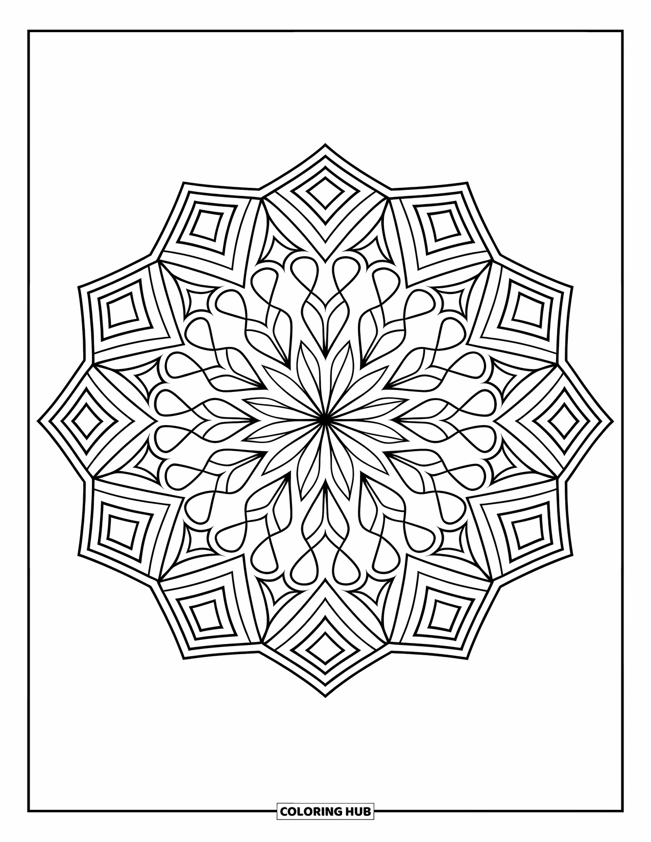 Geometric Mandala Coloring Page for Kids: Layered diamonds and arrows swirl through a crisp circular mandala