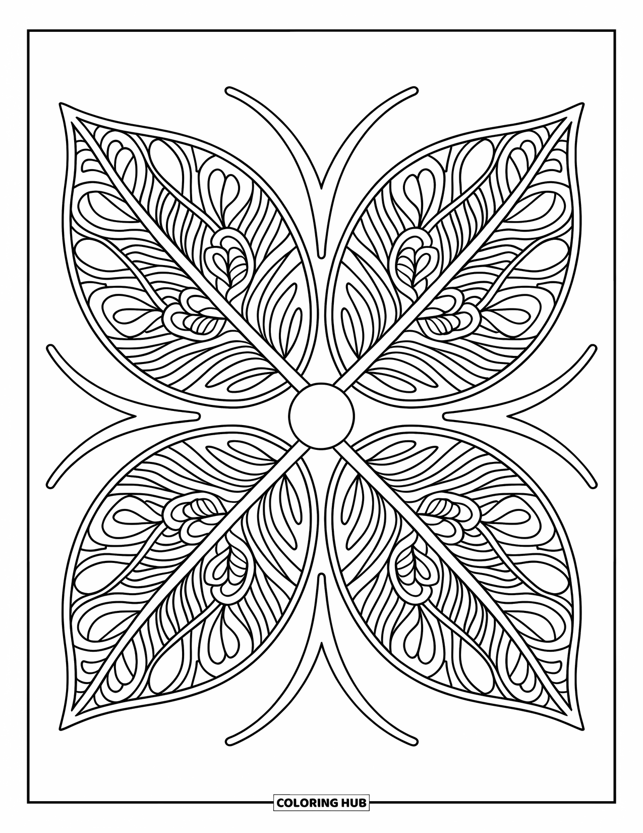 Geometric Mandala Coloring Page for Kids: Mirrored leaf shapes build a nature-themed mandala full of balance