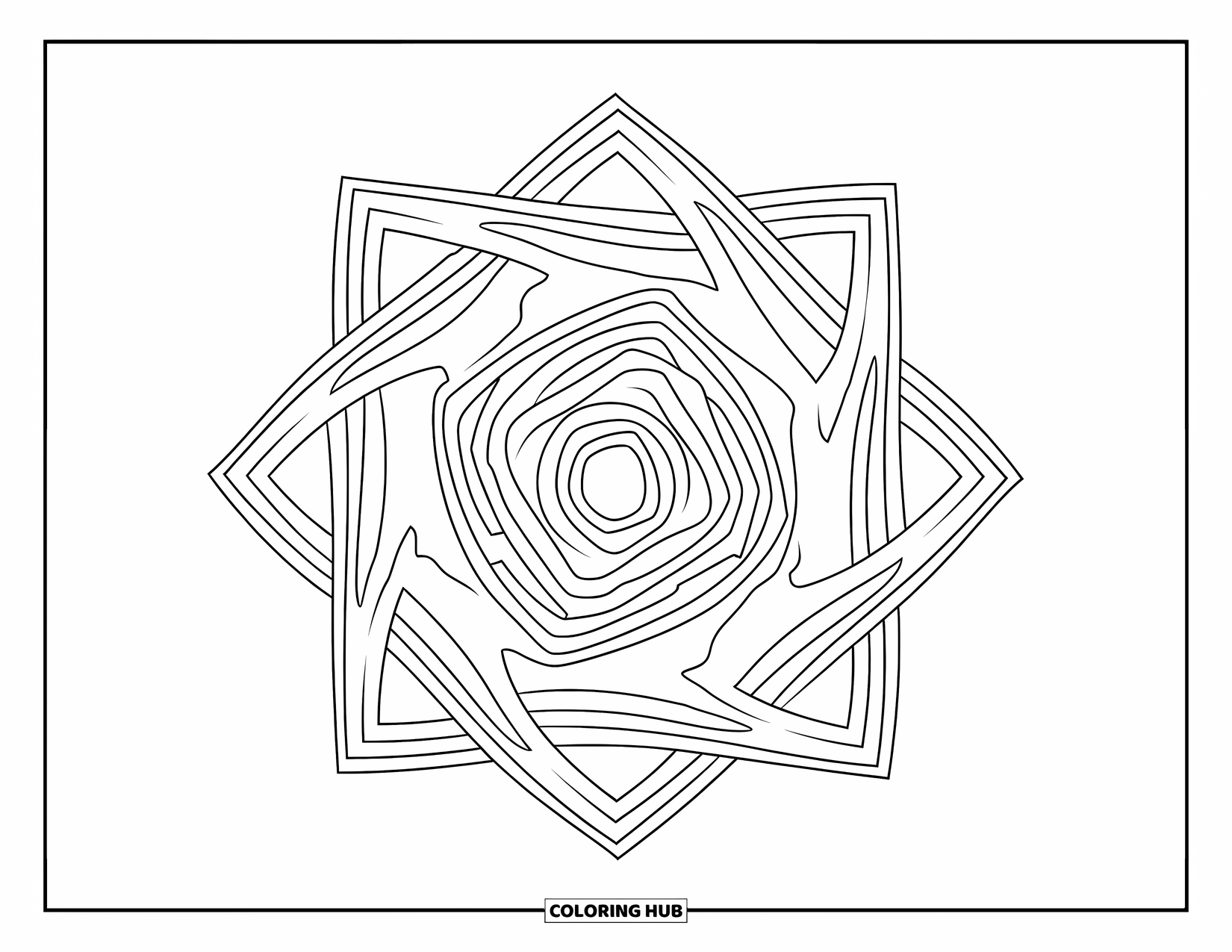 Geometric Mandala Coloring Page for Kids: Nested squares and spirals weave together in a clean, calming mandala
