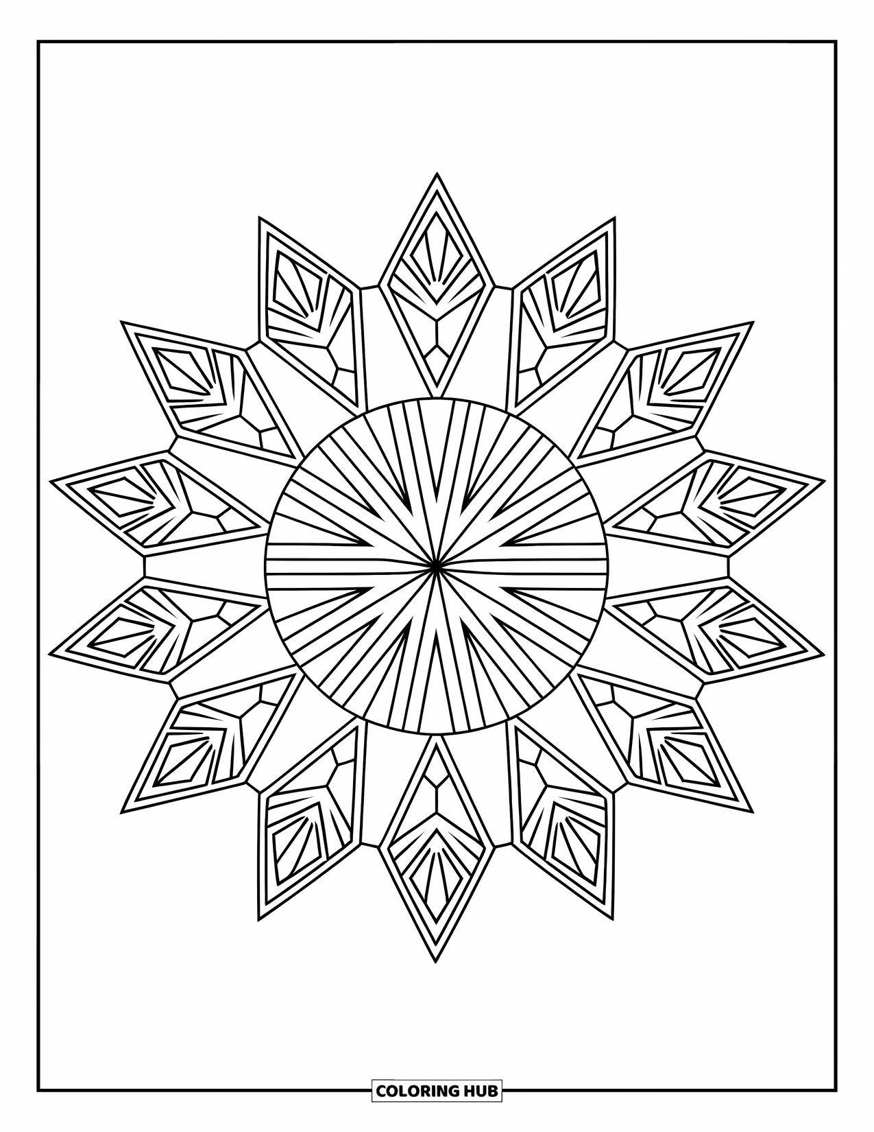 Geometric Mandala Coloring Page for Kids: Sharp wings and shard shapes explode from a center point in this bold mandala