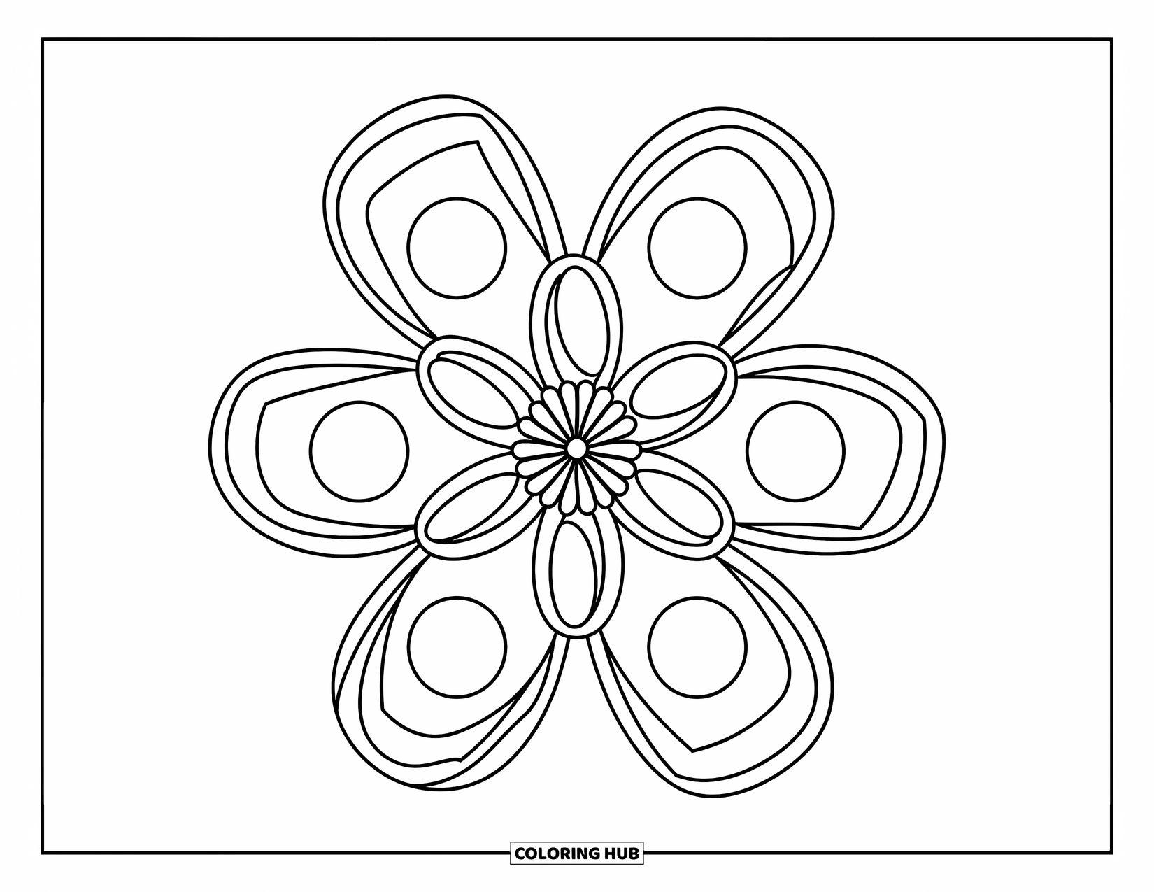 Geometric Mandala Coloring Page for Kids: Six big petals form a flower mandala made of clean ovals and circles