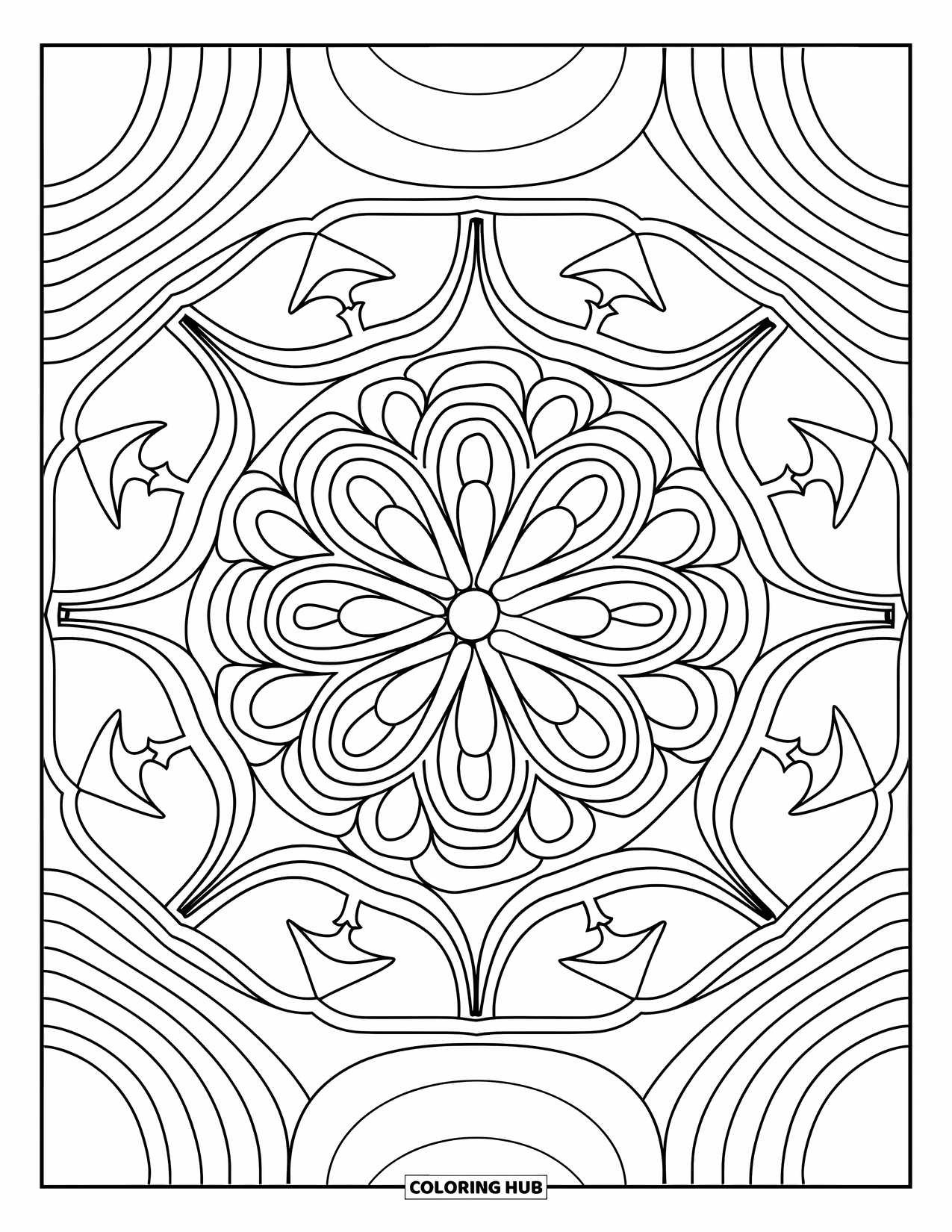Geometric Mandala Coloring Page for Kids: Swirls and squares come together in a geometric mandala full of energy