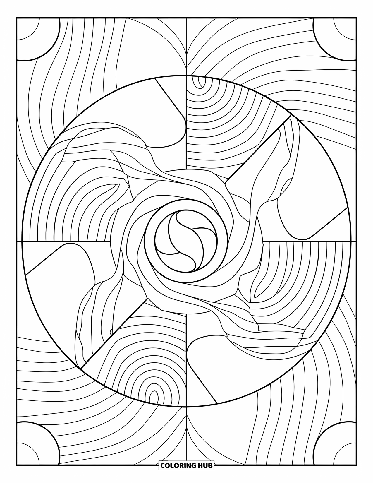 Geometric Mandala Coloring Page for Kids: Swirls and waves flow through geometric shapes in this creative mandala