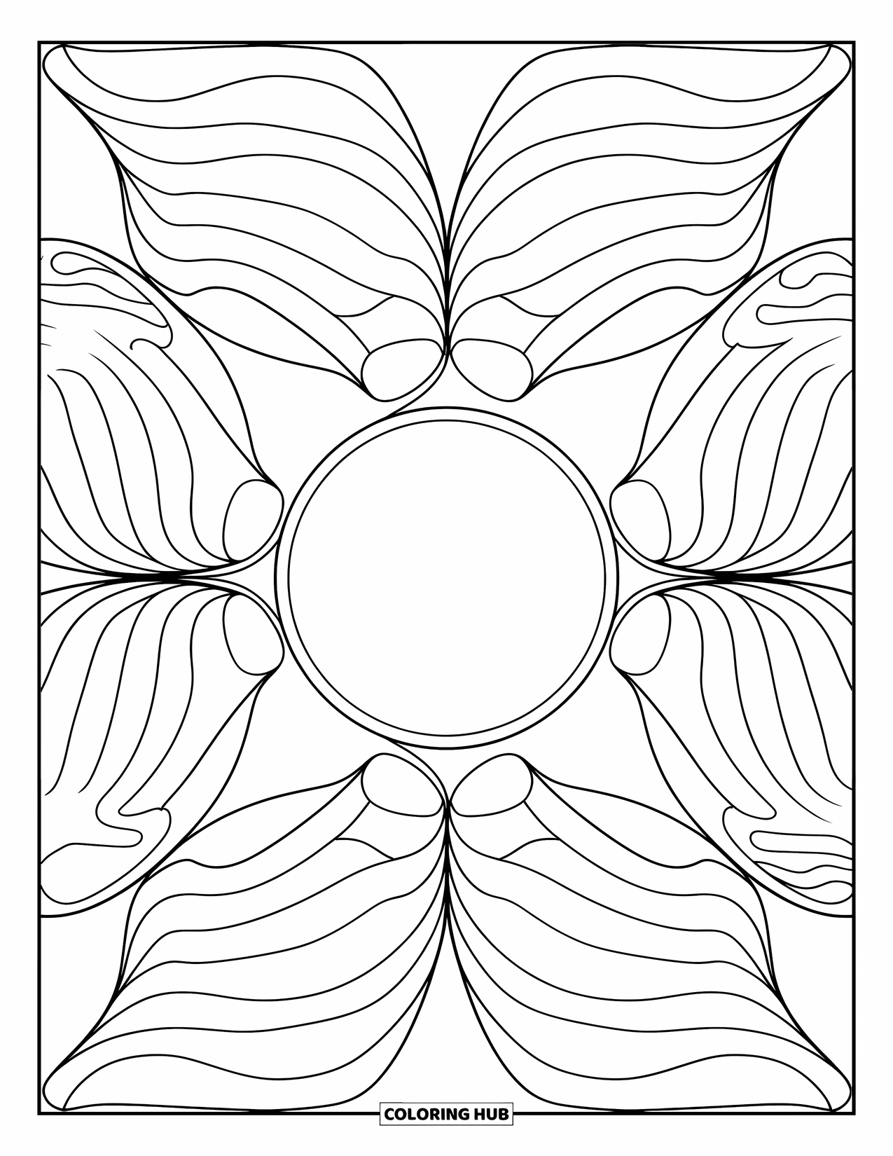 Geometric Mandala Coloring Page for Kids: This leafy mandala centers on bold, patterned shapes and smooth symmetry