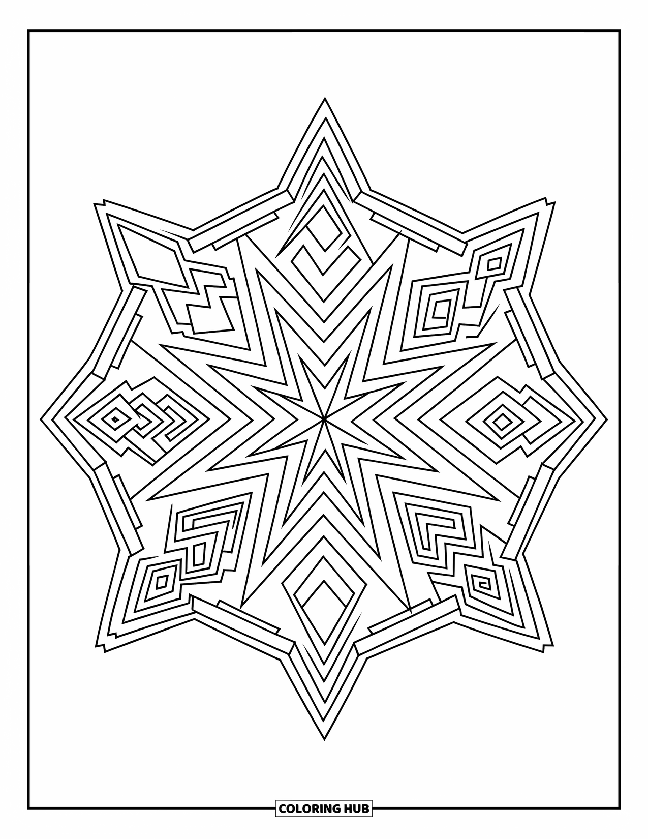 Geometric Mandala Coloring Page for Kids: This mandala uses mirrored angles and cross-lines for a modern, dynamic feel