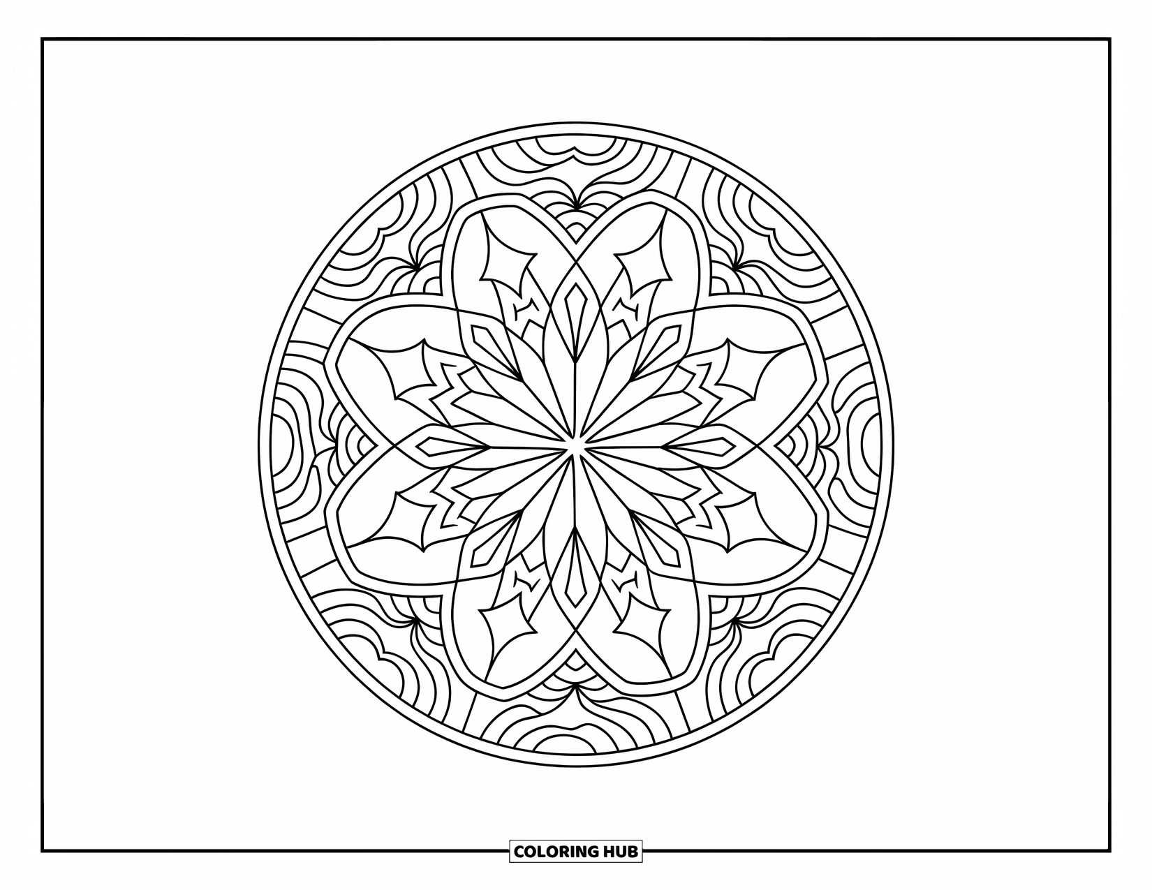 Geometric Mandala Coloring Page for Kids: This starry mandala layers diamonds and waves in a soothing circular pattern