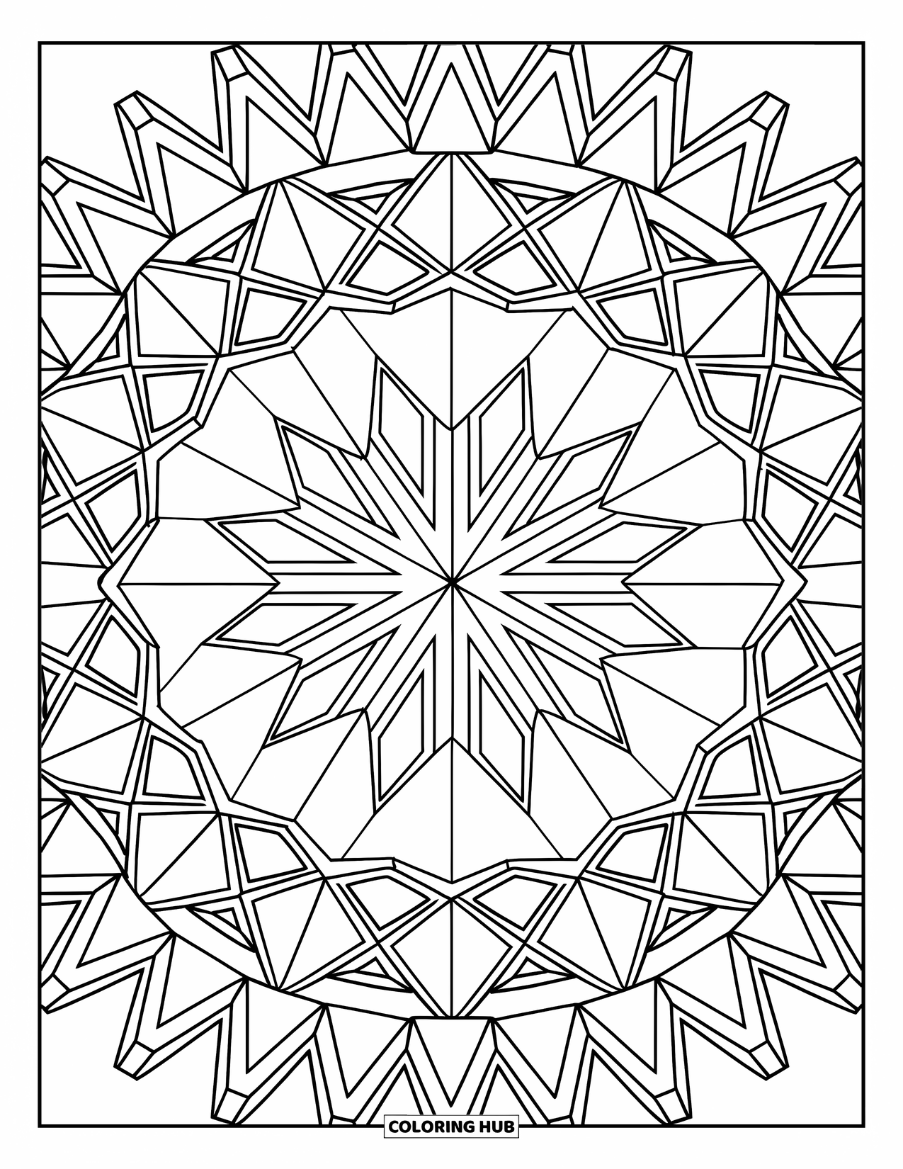 Geometric Mandala Coloring Page for Kids: Tiny triangles form a complex mandala with a sharp, symmetrical flow