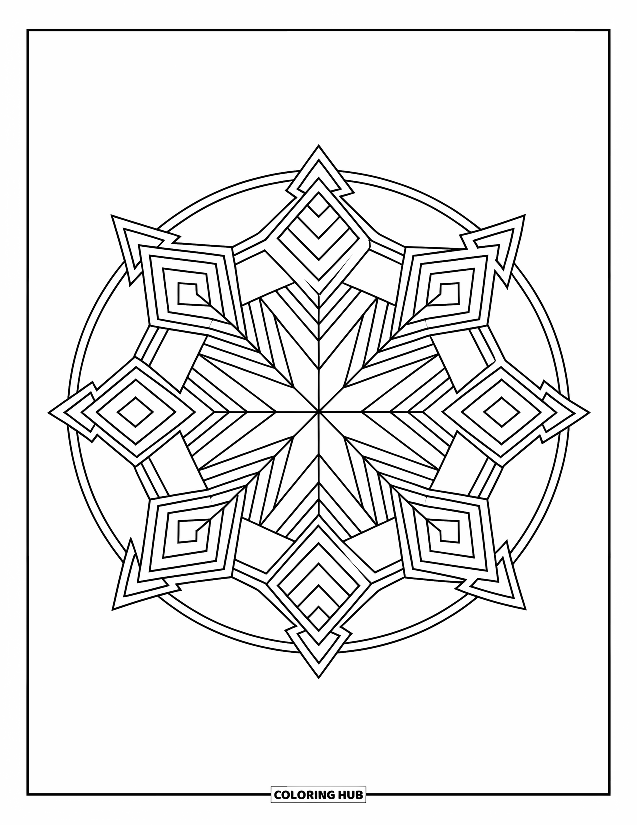 Geometric Mandala Coloring Page for Kids: Zigzags and chevrons mirror each other in this edgy mandala design