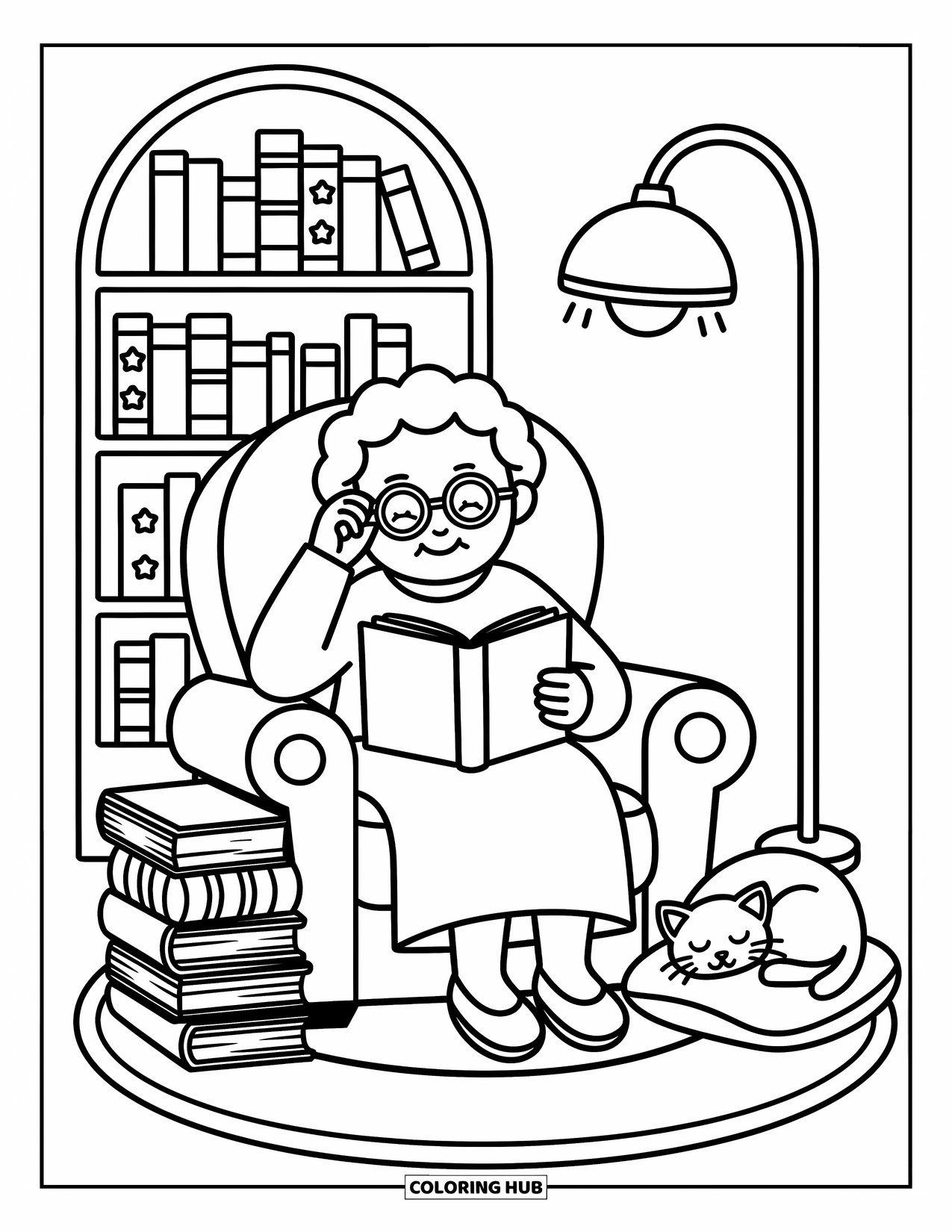 Grandma Coloring Page for Adults: A cozy reading nook with Grandma, books, and a sleepy cat