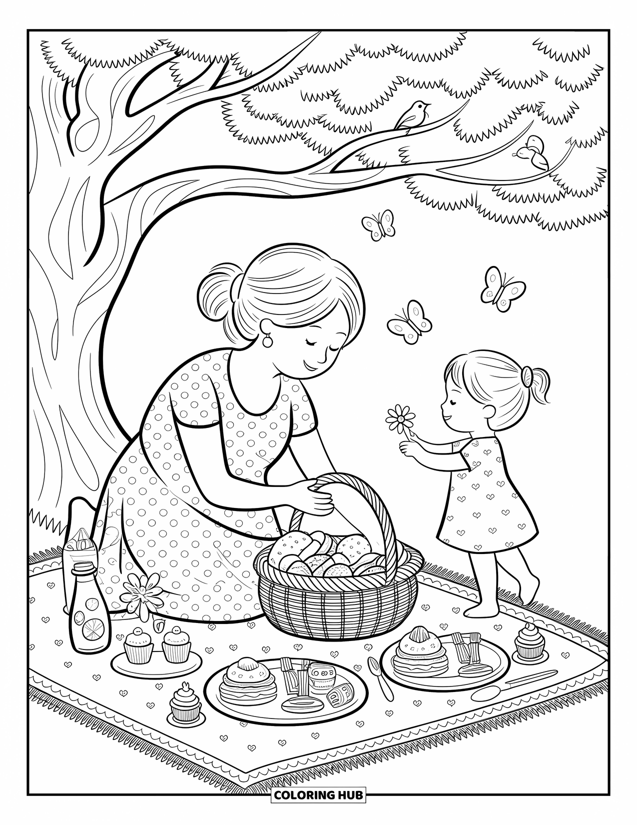 Grandma Coloring Page for Adults: A grandchild brings Grandma a flower during a cozy picnic under a tree