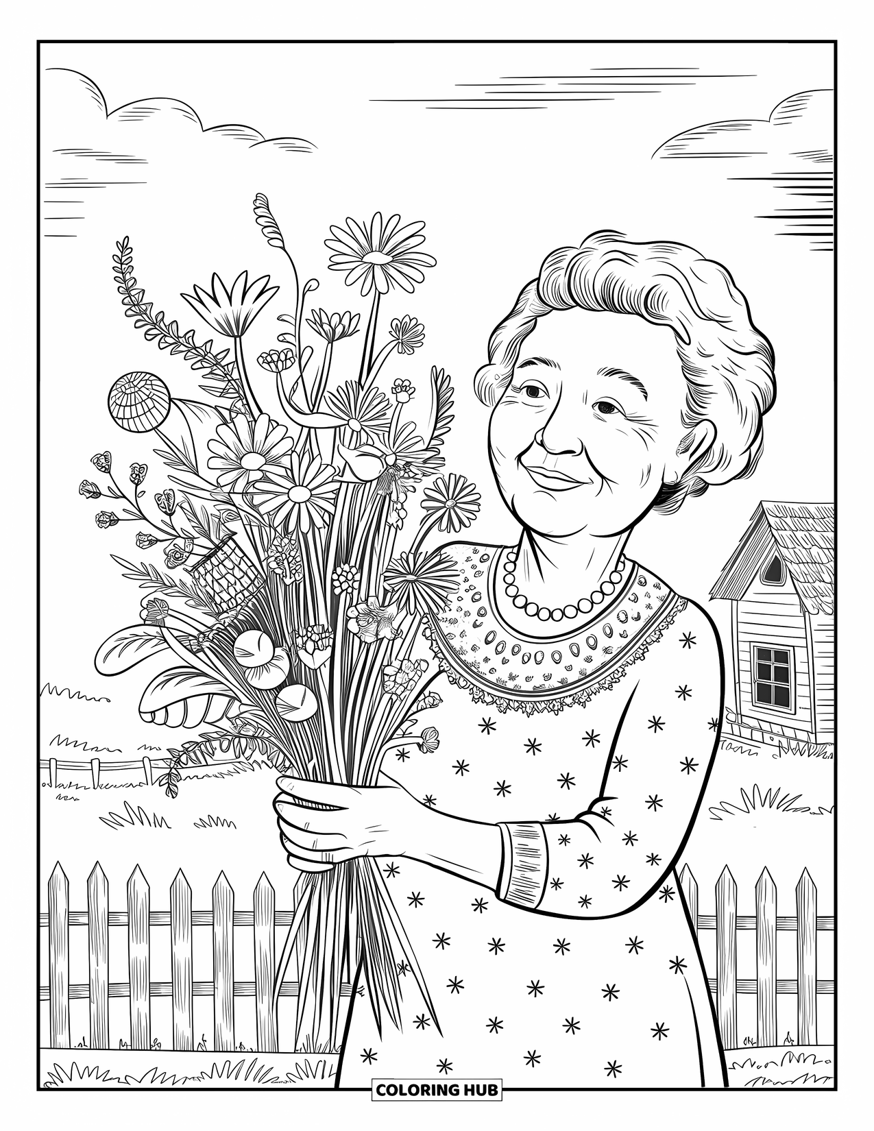 Grandma Coloring Page for Adults: A smiling Grandma shows off her wildflower bouquet in a calm garden