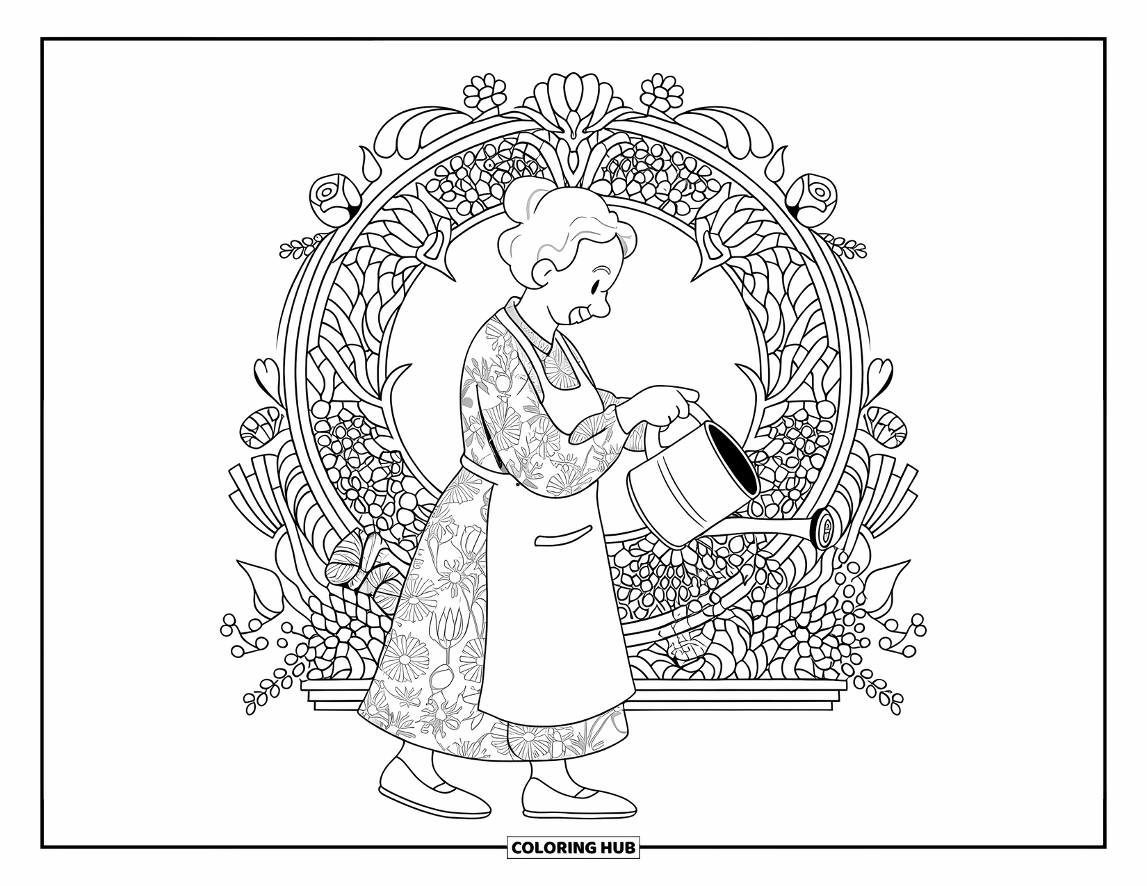 Grandma Coloring Page for Adults: A smiling grandma tends plants with a watering can and a floral mandala behind her