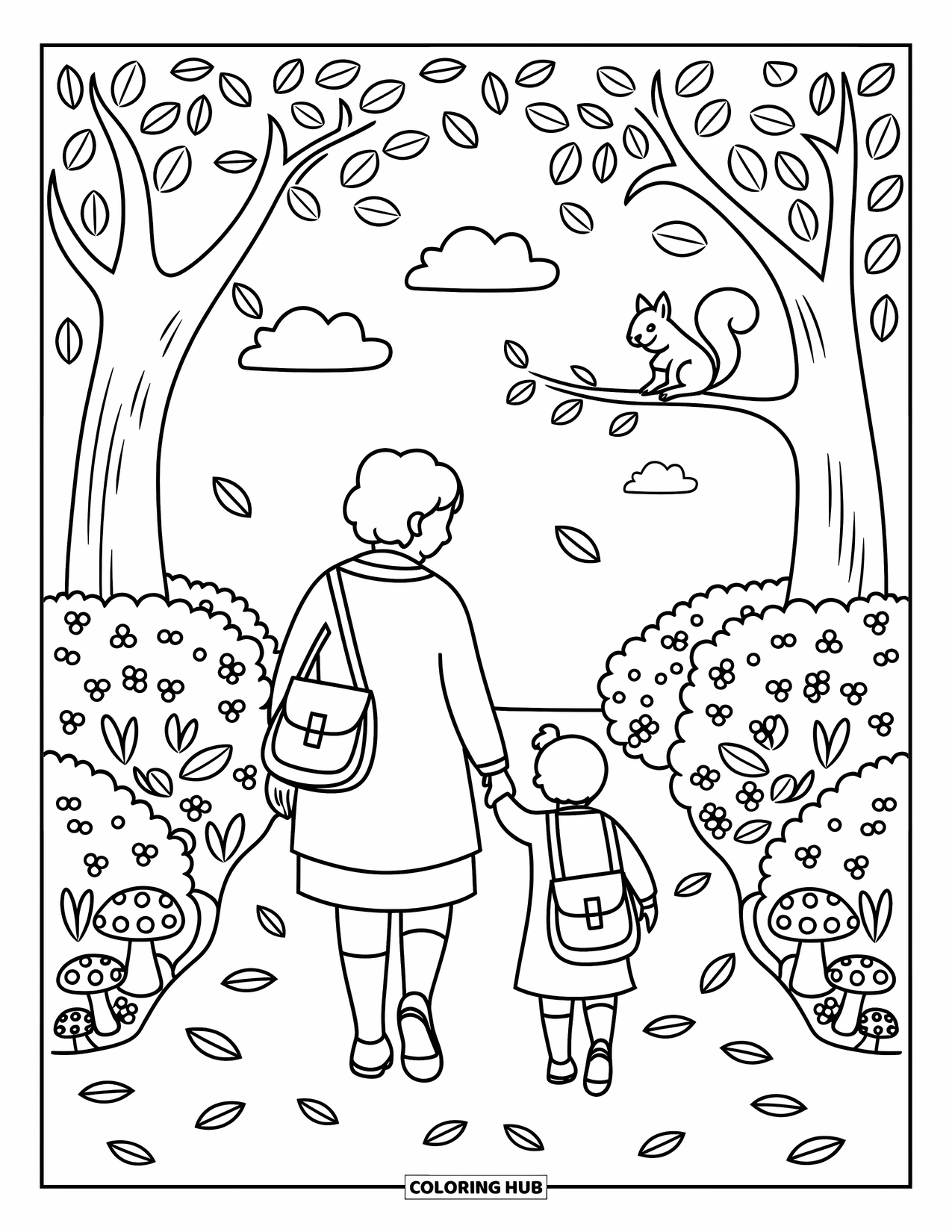 Grandma Coloring Page for Adults: A squirrel watches as Grandma and grandchild stroll through a cozy woodland