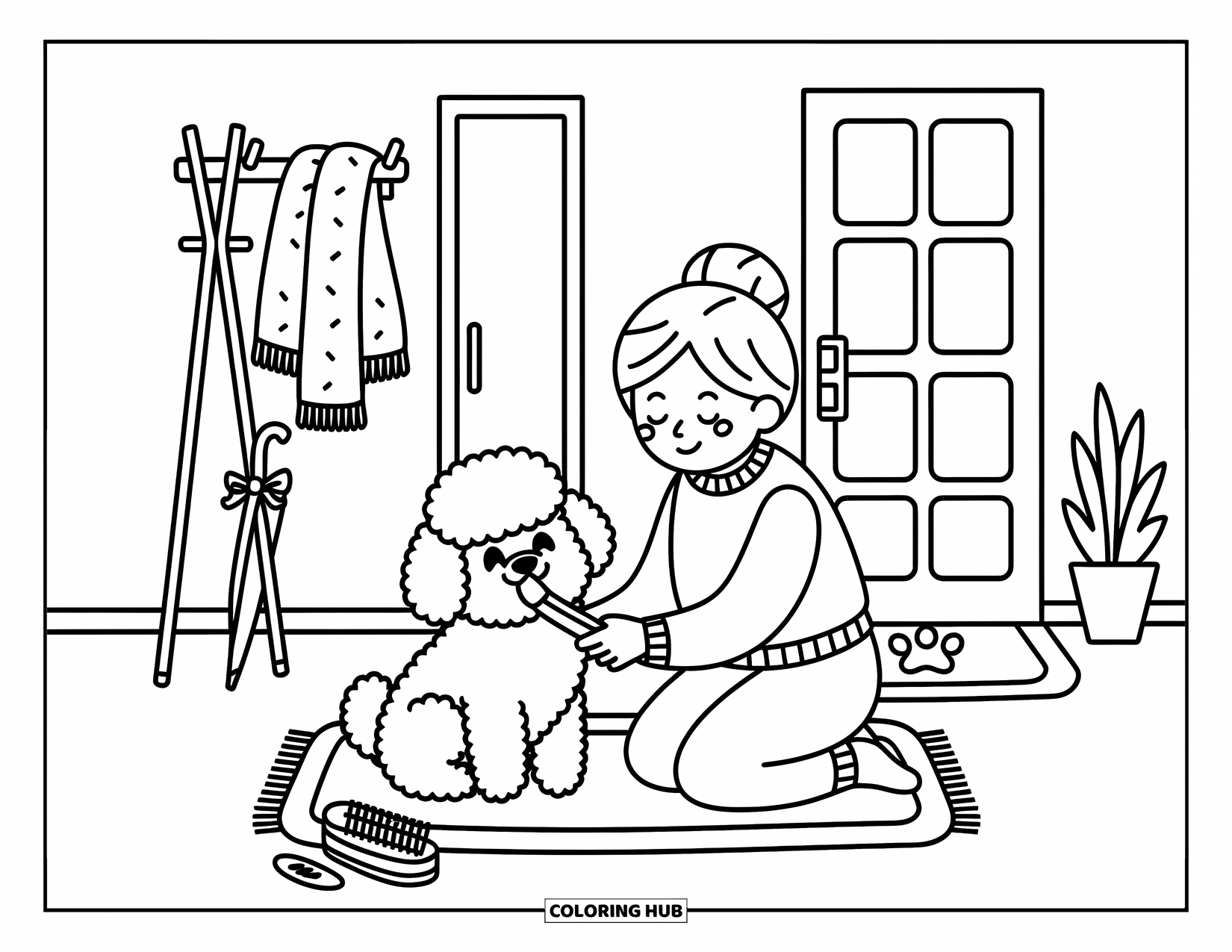 Grandma Coloring Page for Adults: A sweet dog sits patiently as Grandma brushes its fluffy fur with love