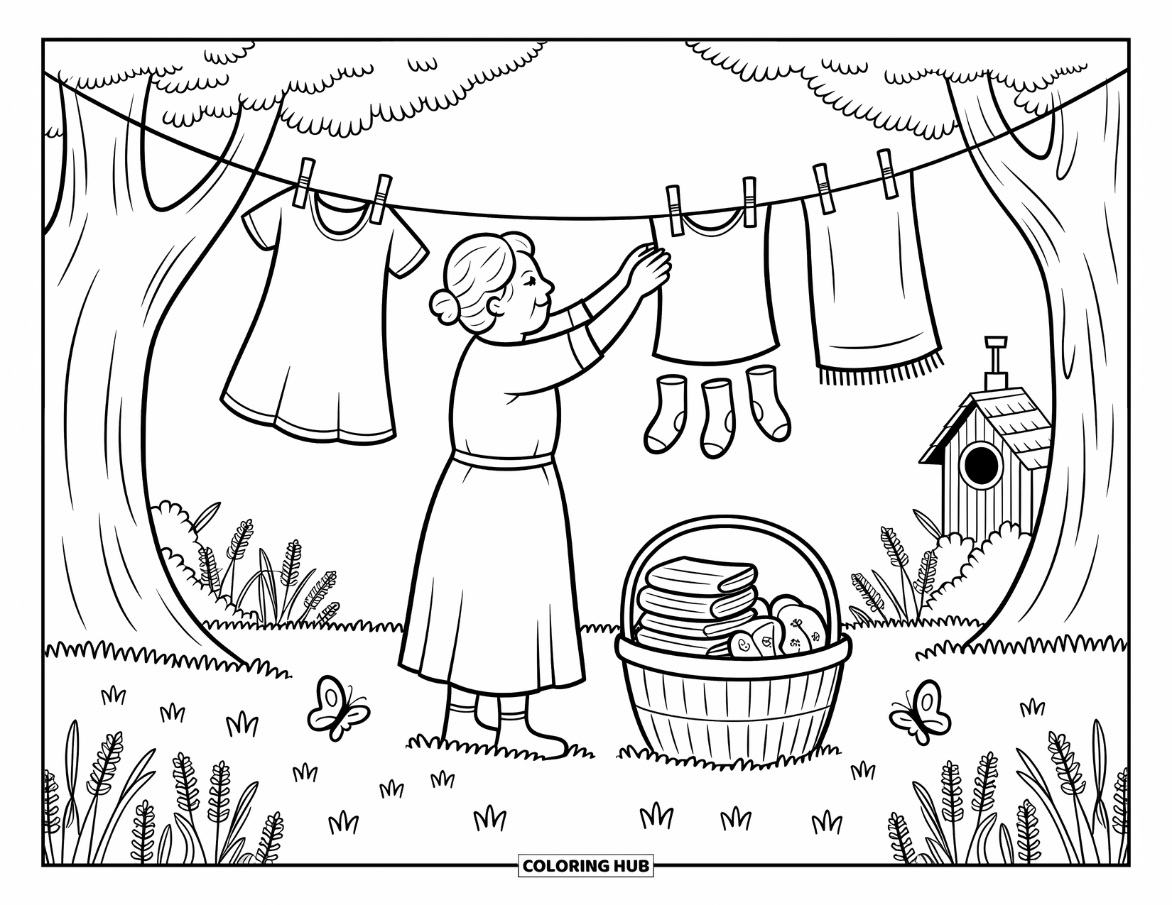 Grandma Coloring Page for Adults: Clothes flutter as Grandma hangs laundry beside trees and a breezy garden
