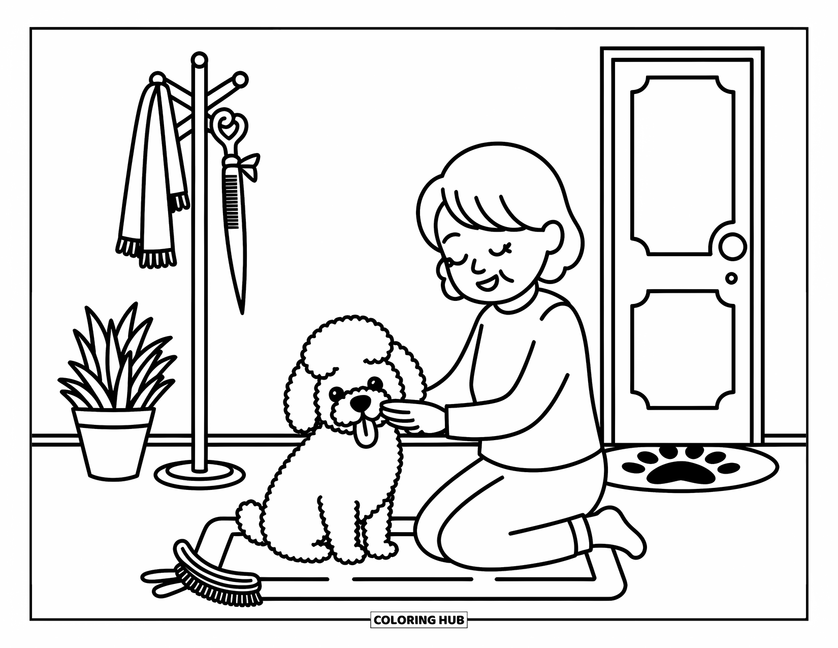 Grandma Coloring Page for Adults: Grandma grooms her cheerful pup near a potted plant and cozy scarf rack