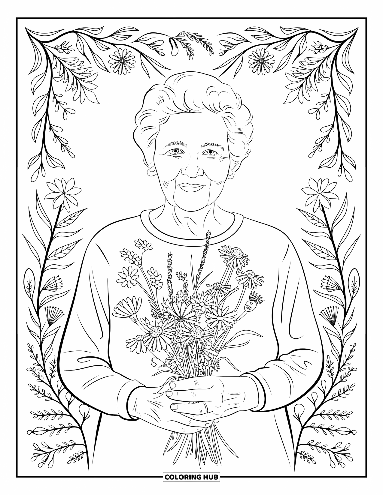 Grandma Coloring Page for Adults: Grandma holds a bouquet of wildflowers with plants and leaves framing the scene