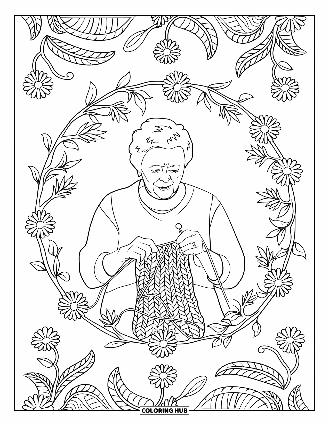 Grandma Coloring Page for Adults: Grandma knits calmly within a floral vine circle on a relaxing patterned page